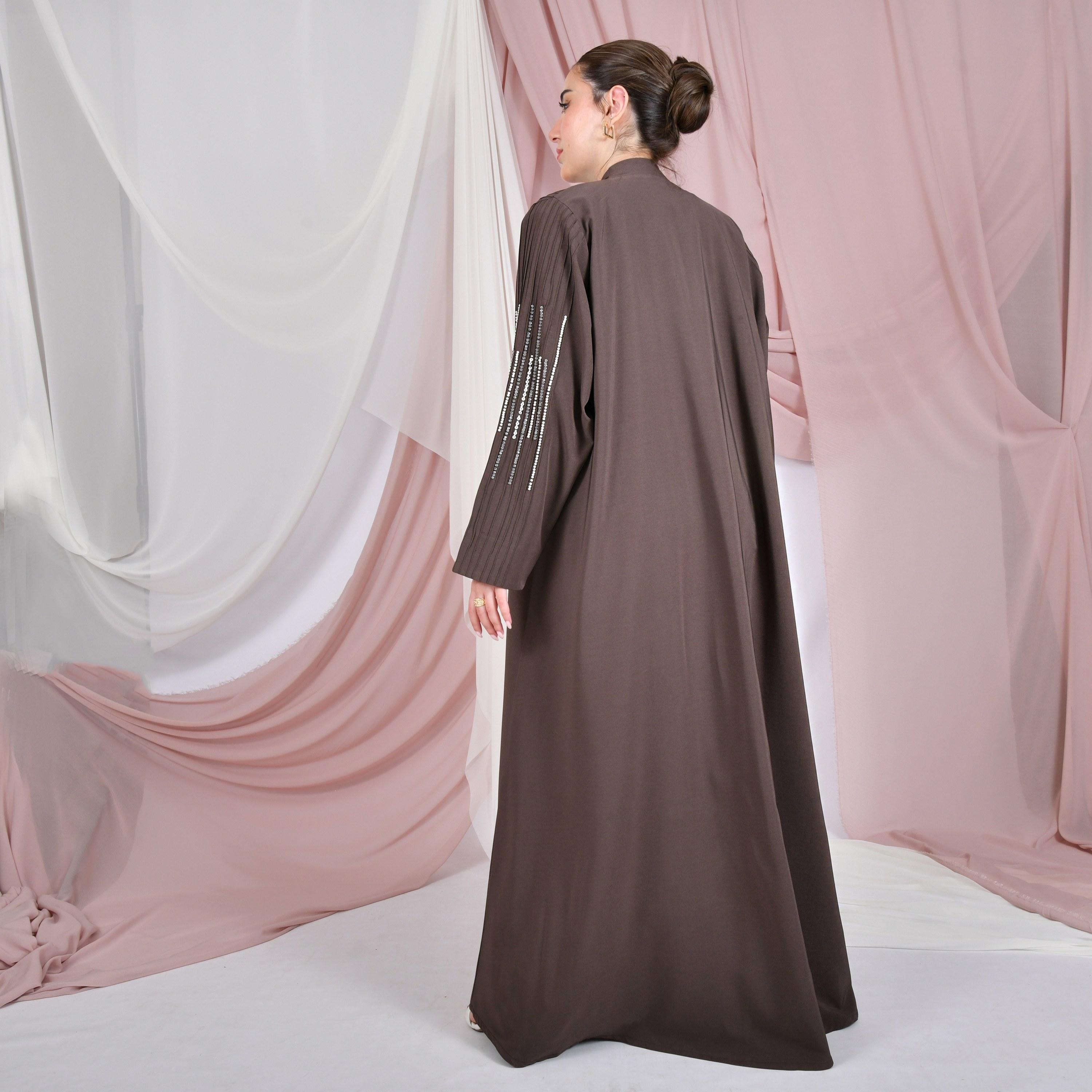 Hawraa Pin-Tuck & Bead Work Linen Women's Abaya-women-arabicclothing-abayas-image-5