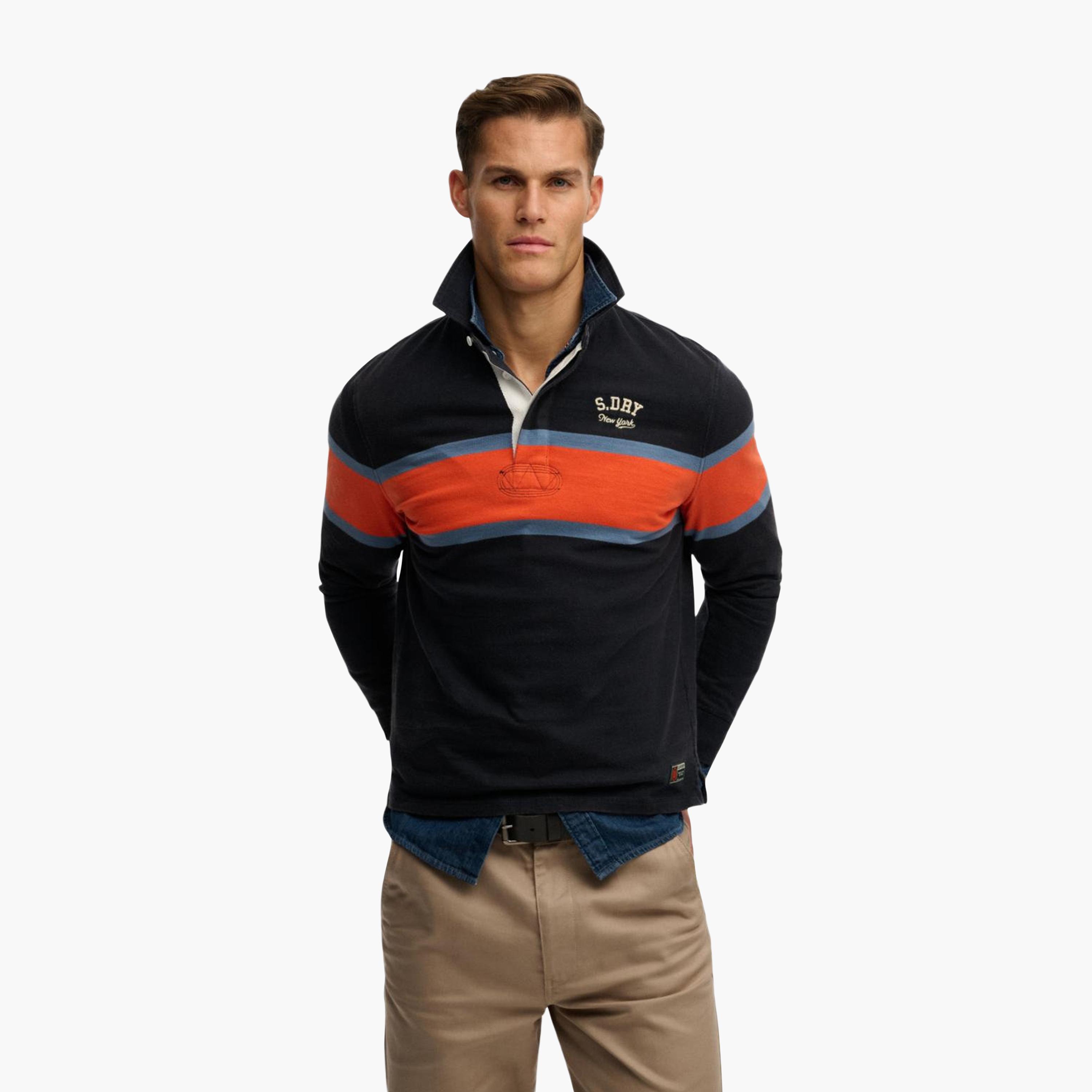 تيشيرت "رجبي" رجالي مخطط بياقة وأكمام طويلة من سوبر دراي-men-clothing-shirts-image-1