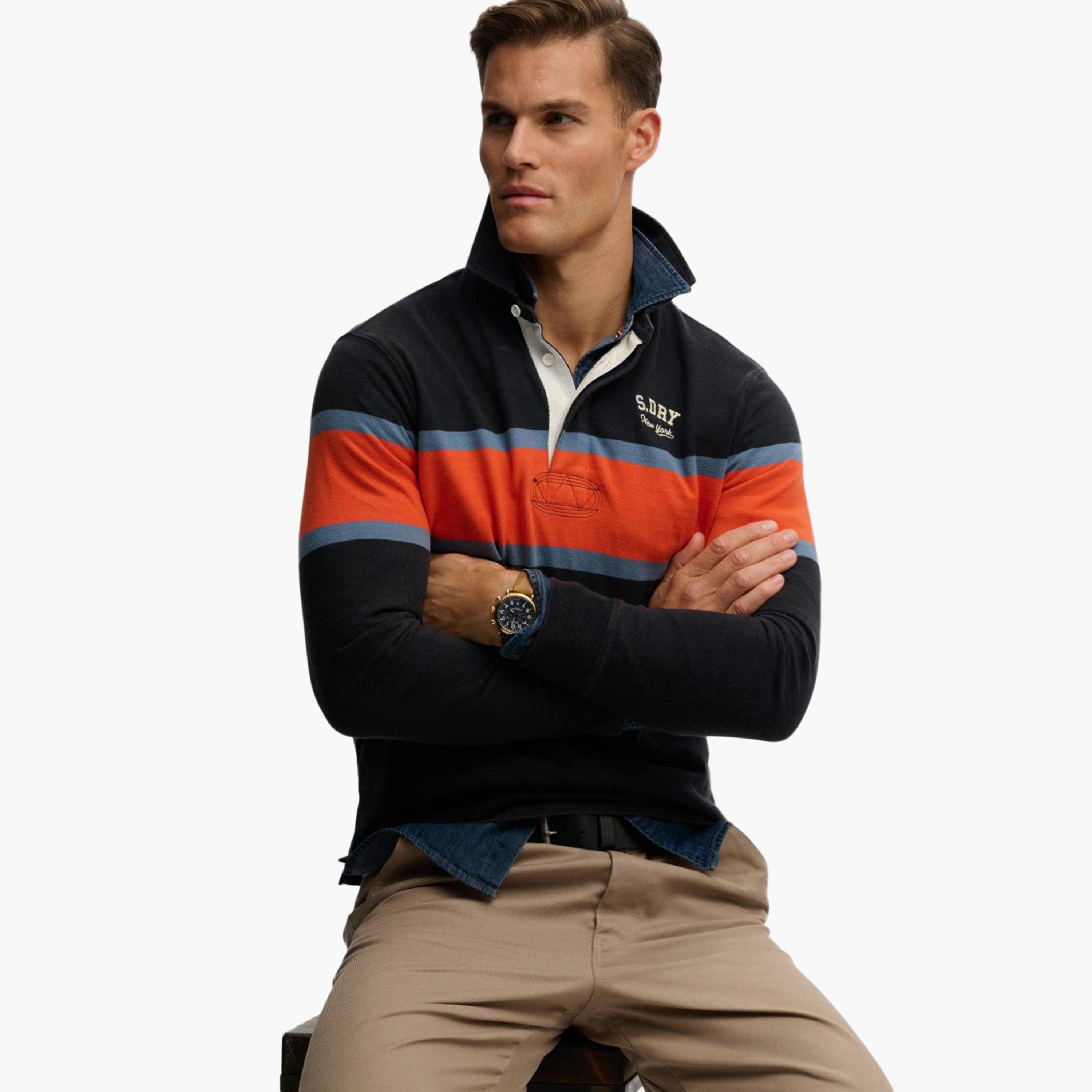 تيشيرت "رجبي" رجالي مخطط بياقة وأكمام طويلة من سوبر دراي-men-clothing-shirts-image-5