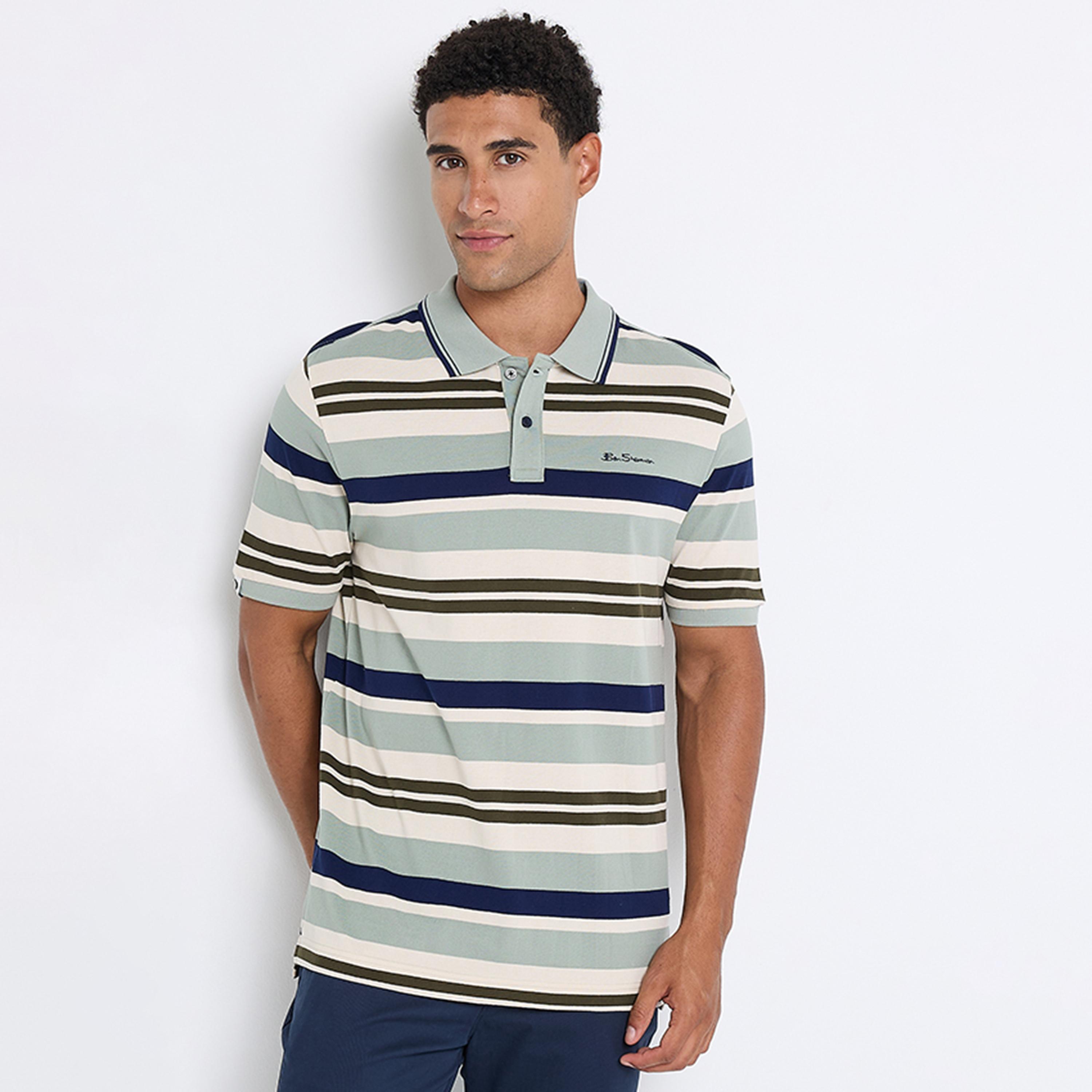 تيشيرت بولو رجالي مخطط بياقة وأكمام قصيرة من بن شيرمان-men-clothing-tshirtsandpolos-polos-image-1