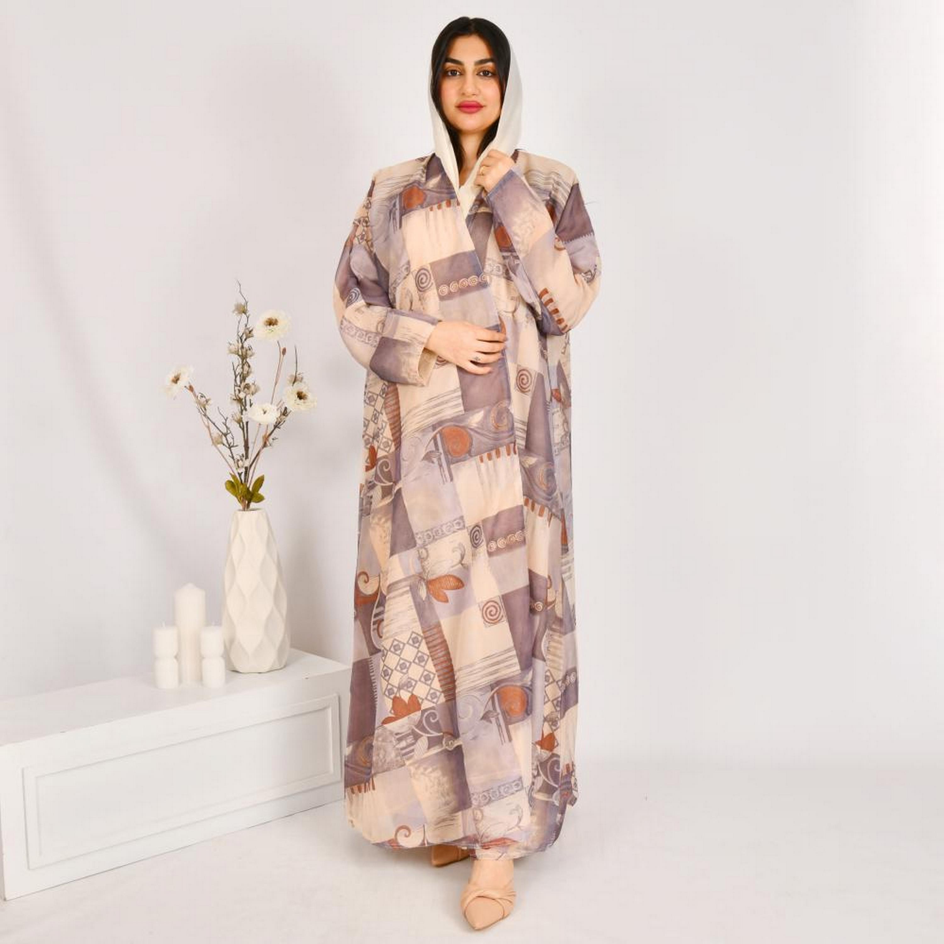 Beyond Abaya Beige Geometric Print Linen Women's Double Face Abaya with Hijab-women-arabicclothing-abayas-image-1