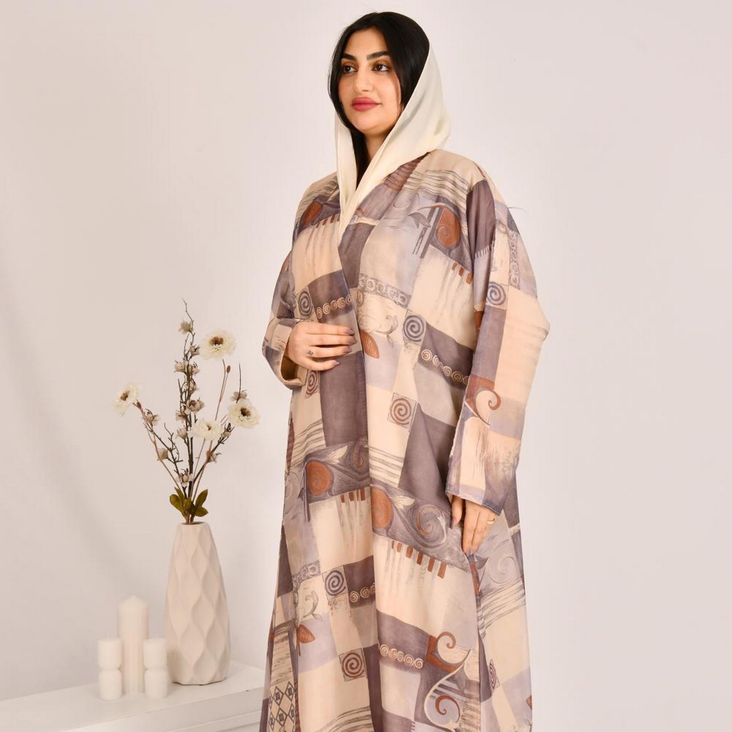 Beyond Abaya Beige Geometric Print Linen Women's Double Face Abaya with Hijab-women-arabicclothing-abayas-image-2