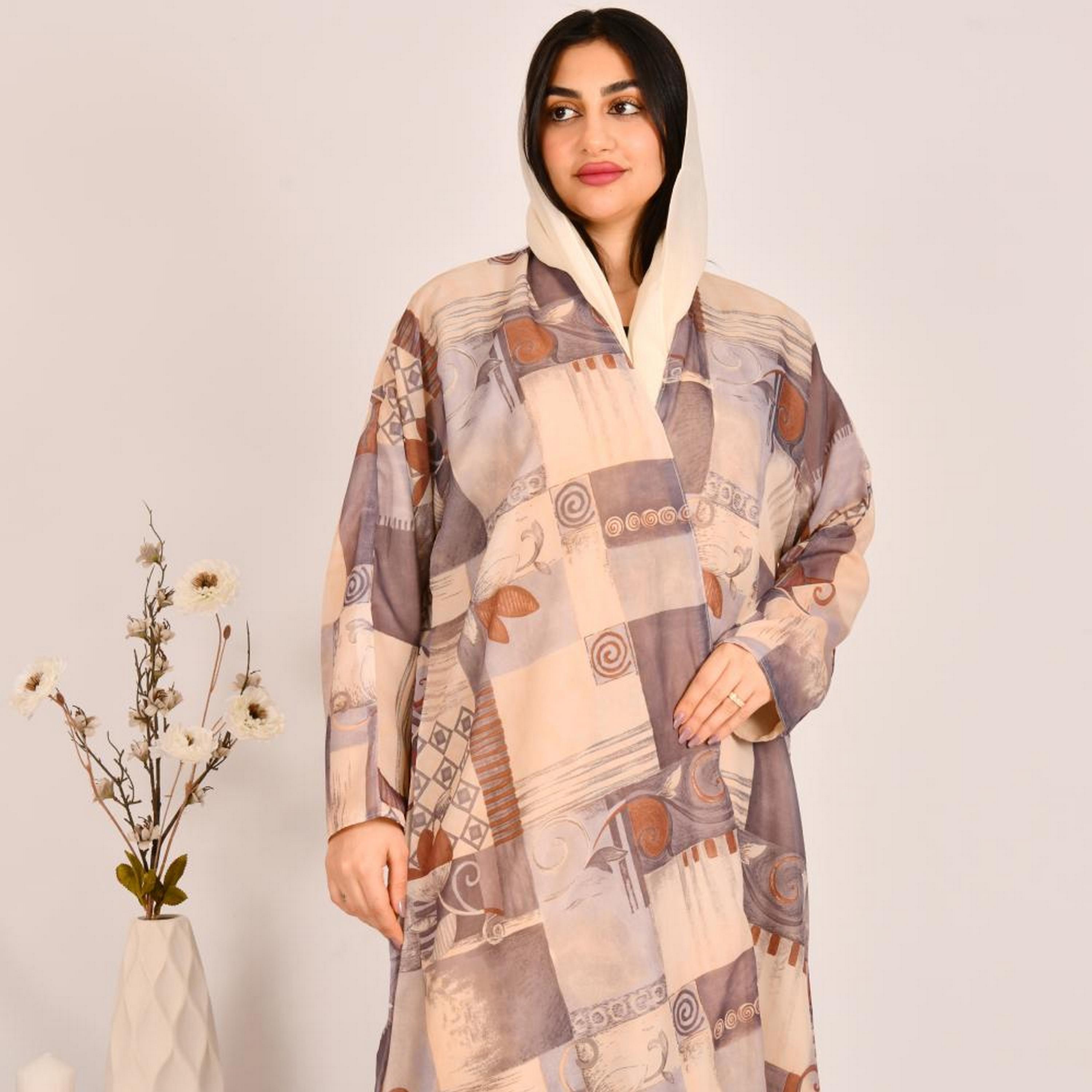 Beyond Abaya Beige Geometric Print Linen Women's Double Face Abaya with Hijab-women-arabicclothing-abayas-image-3