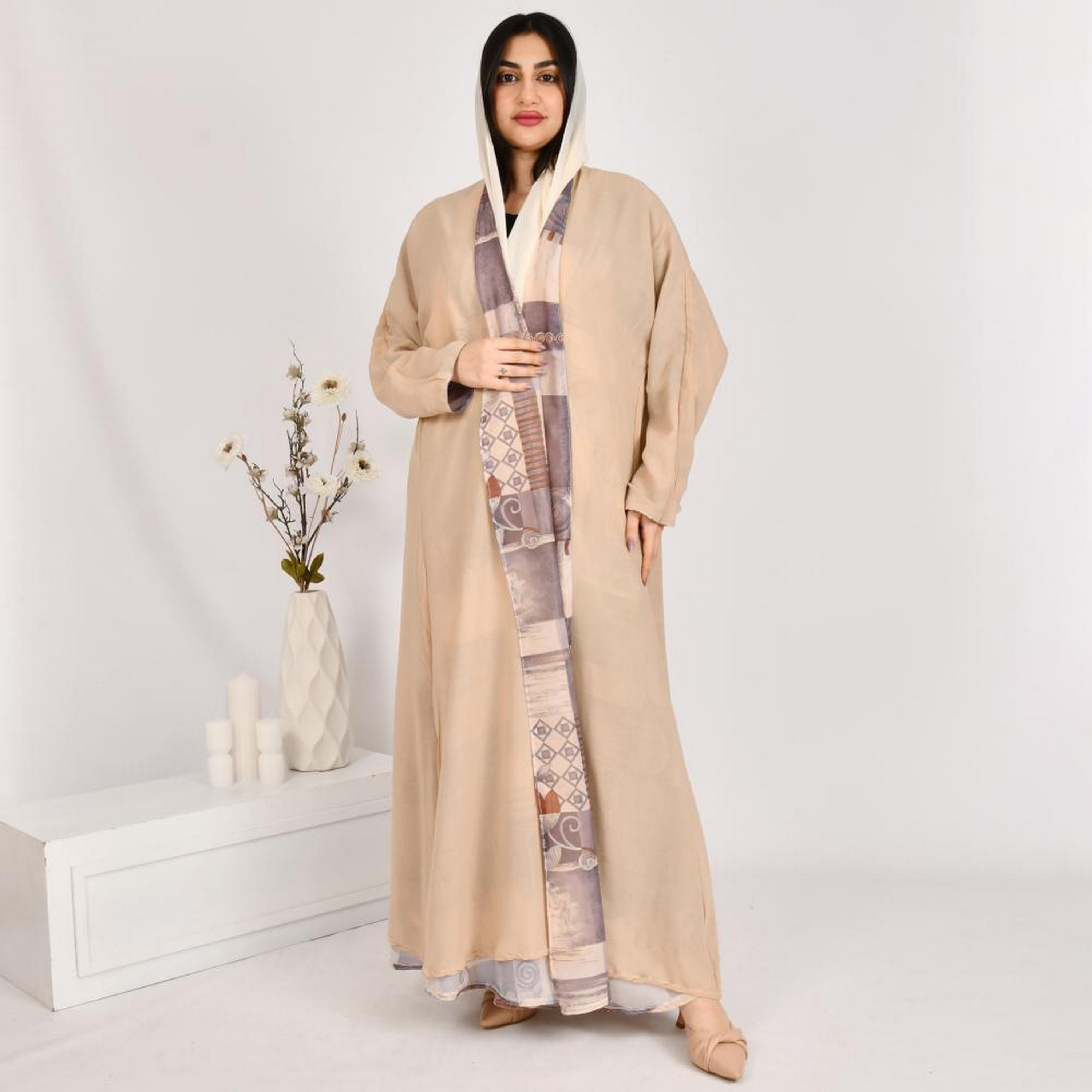 Beyond Abaya Beige Geometric Print Linen Women's Double Face Abaya with Hijab-women-arabicclothing-abayas-image-4