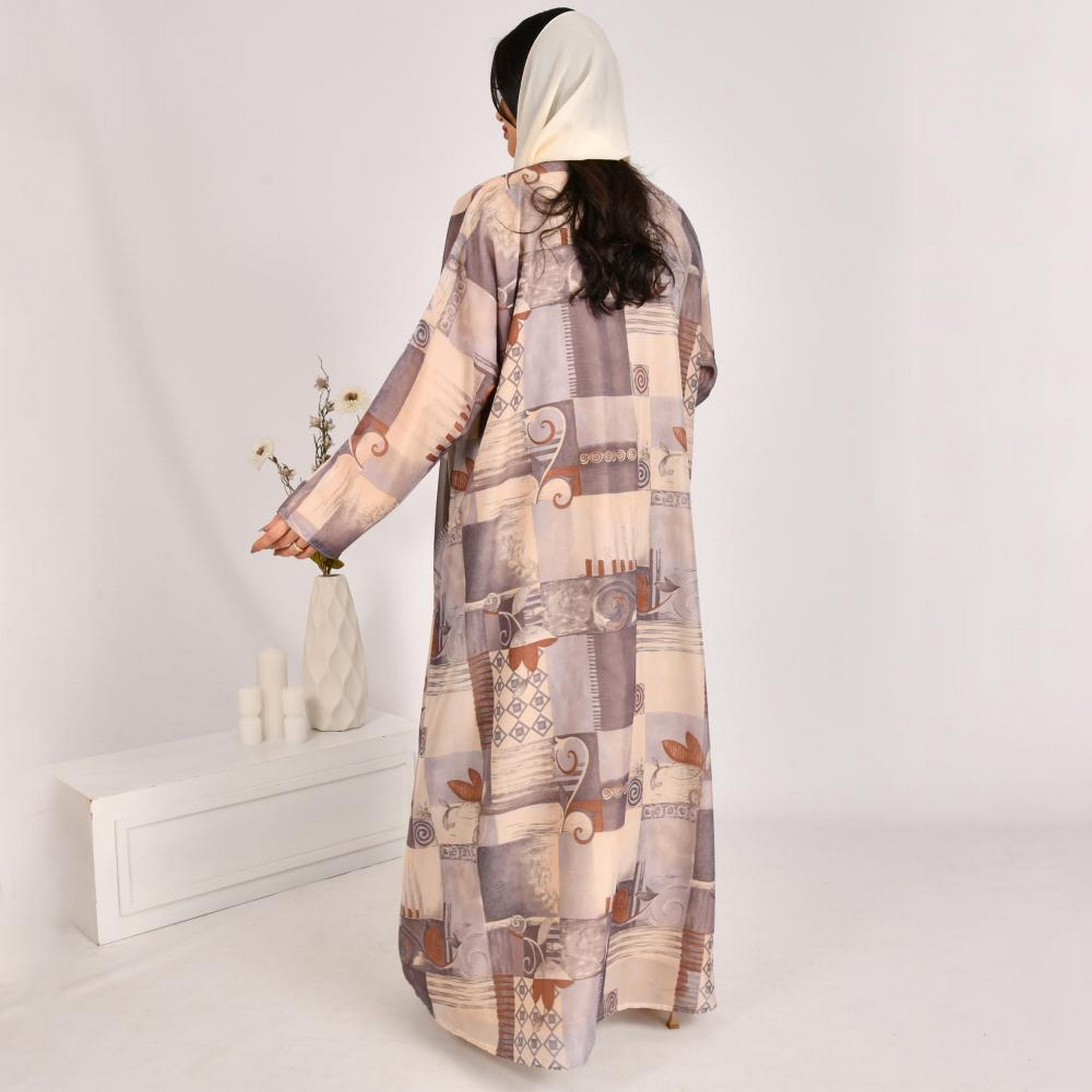 Beyond Abaya Beige Geometric Print Linen Women's Double Face Abaya with Hijab-women-arabicclothing-abayas-image-5