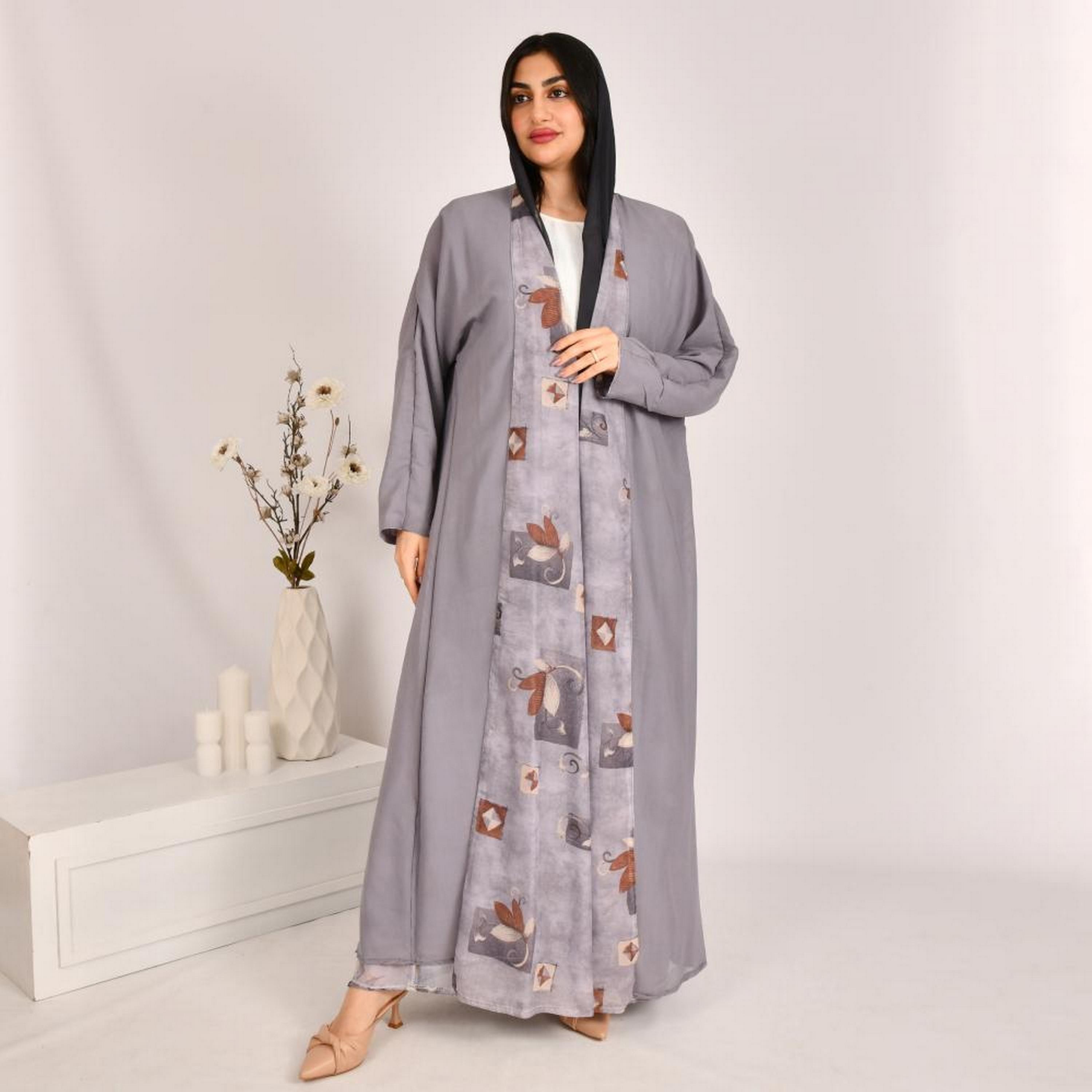 Beyond Abaya Grey Block Print Linen Women's Double Face Abaya with Hijab-women-arabicclothing-abayas-image-1