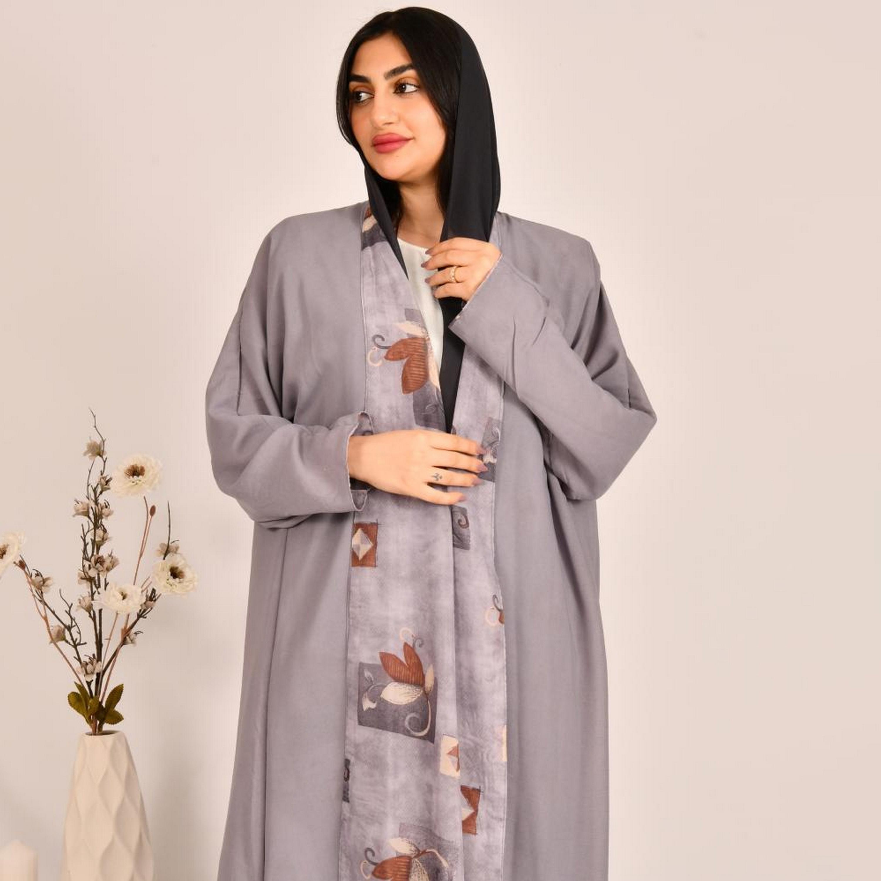 Beyond Abaya Grey Block Print Linen Women's Double Face Abaya with Hijab-women-arabicclothing-abayas-image-2