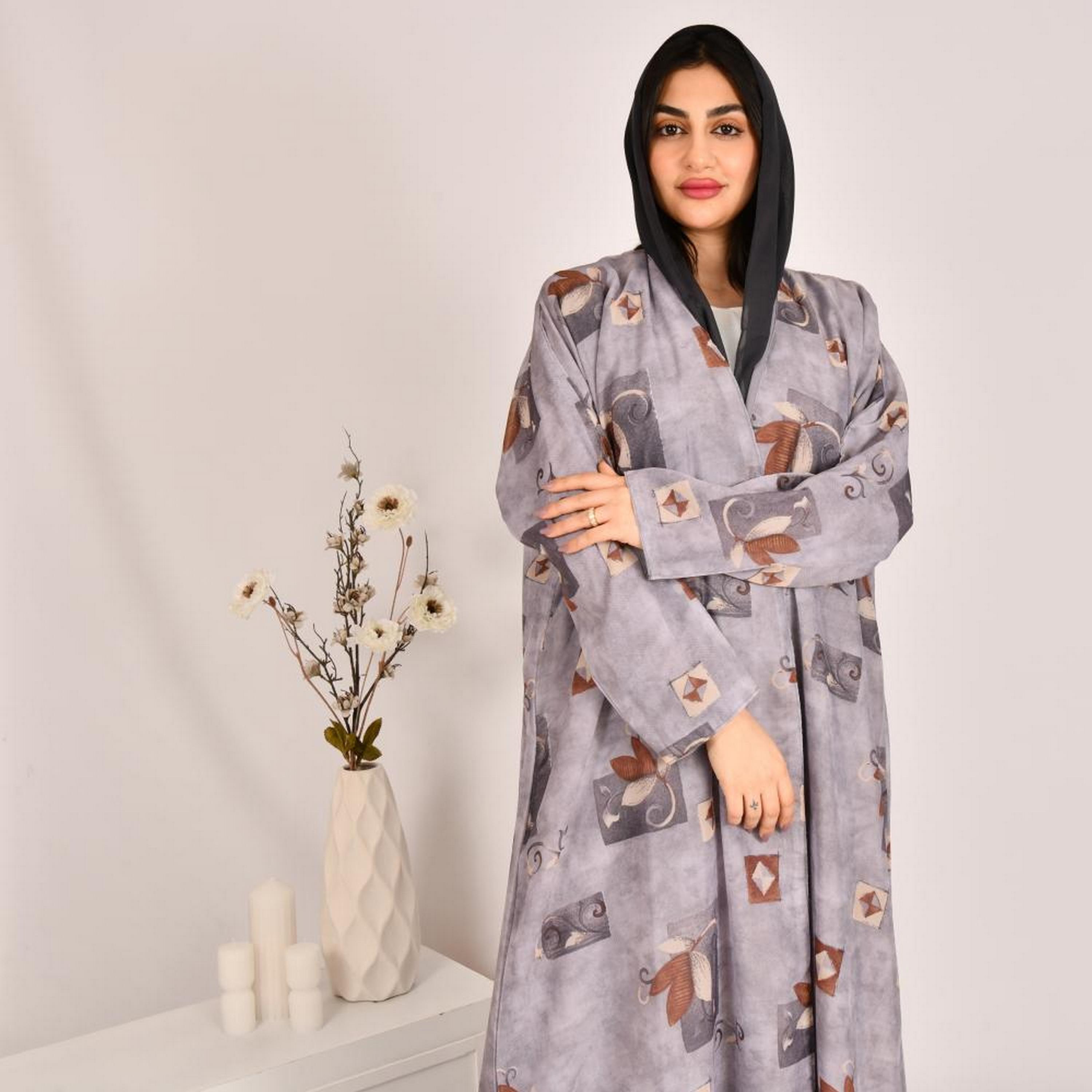 Beyond Abaya Grey Block Print Linen Women's Double Face Abaya with Hijab-women-arabicclothing-abayas-image-3