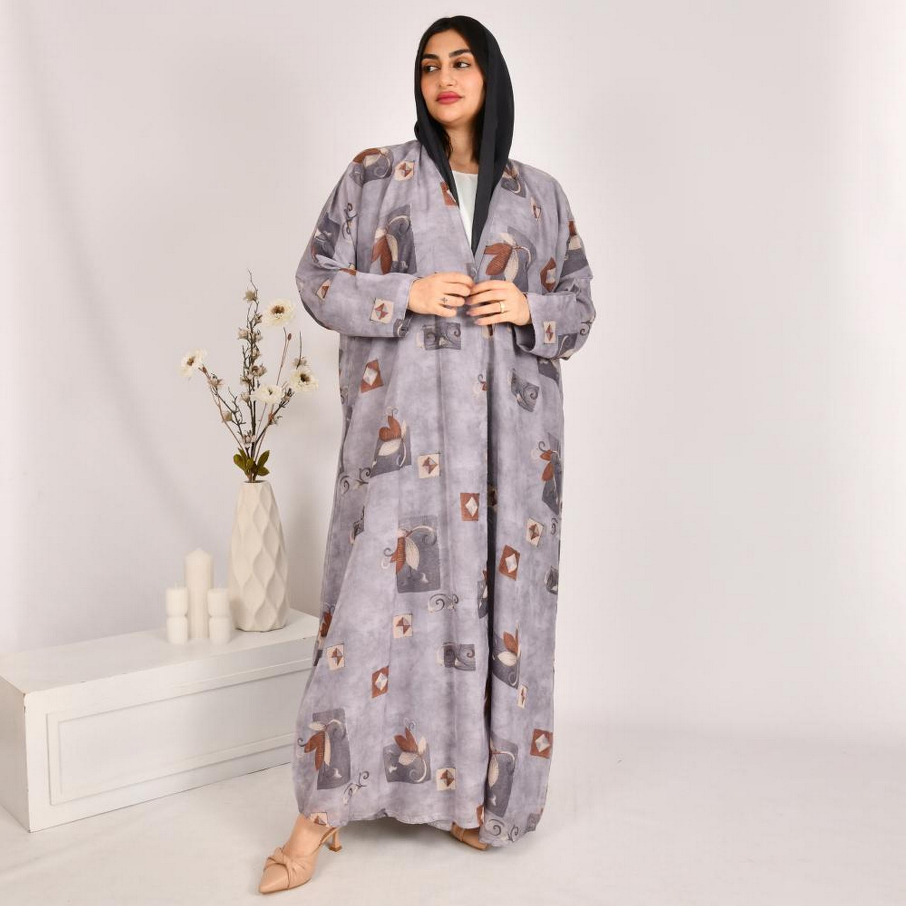 Beyond Abaya Grey Block Print Linen Women's Double Face Abaya with Hijab-women-arabicclothing-abayas-image-4