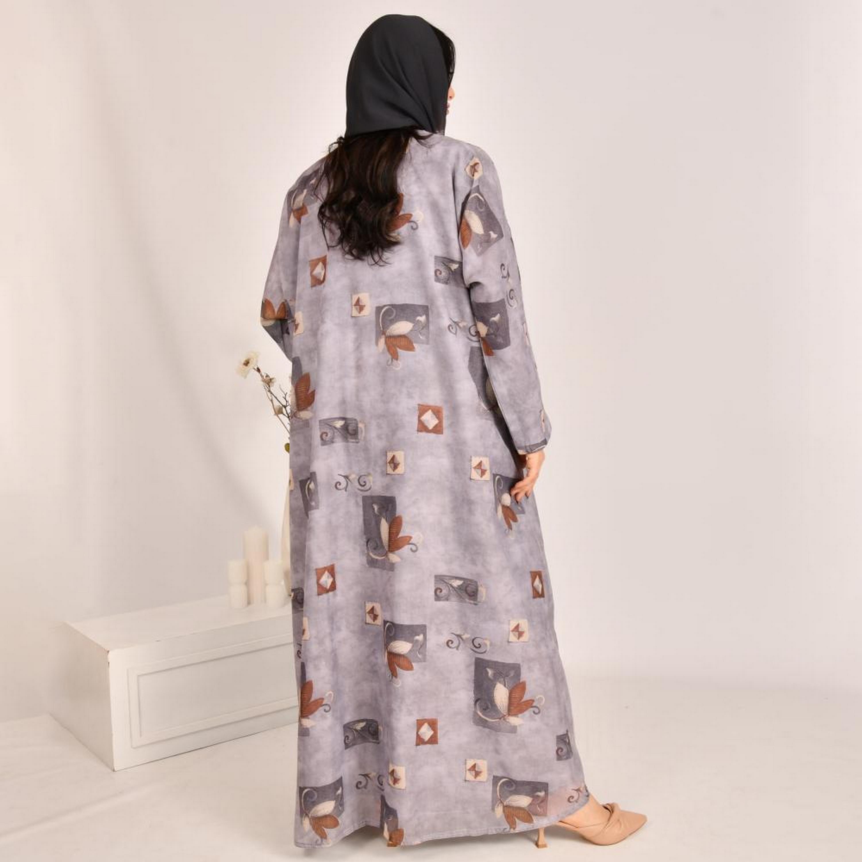 Beyond Abaya Grey Block Print Linen Women's Double Face Abaya with Hijab-women-arabicclothing-abayas-image-5