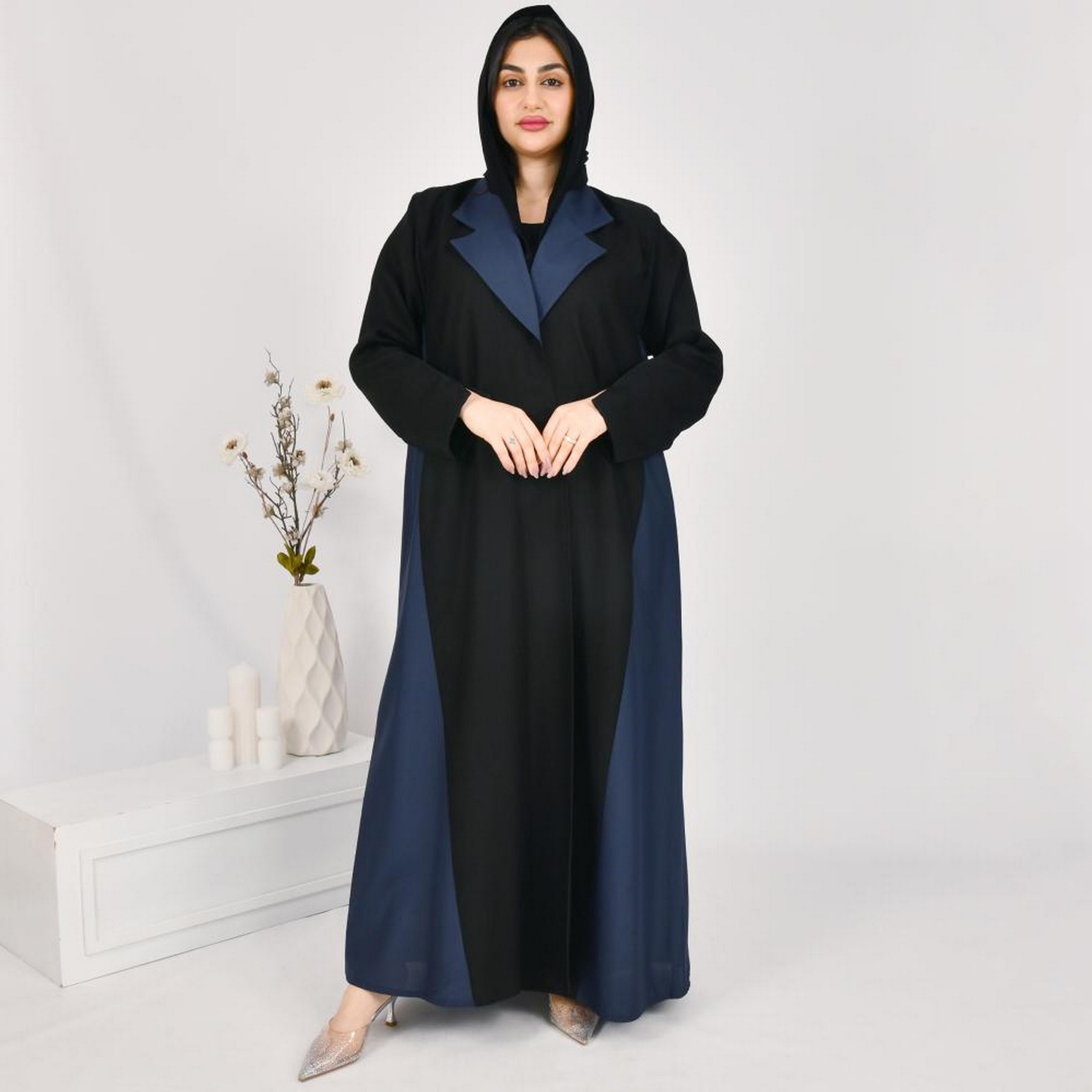 Beyond Abaya Black Colour-Blocked Lapel Collar Linen Women's Coat Style Abaya with Hijab-women-arabicclothing-abayas-image-1