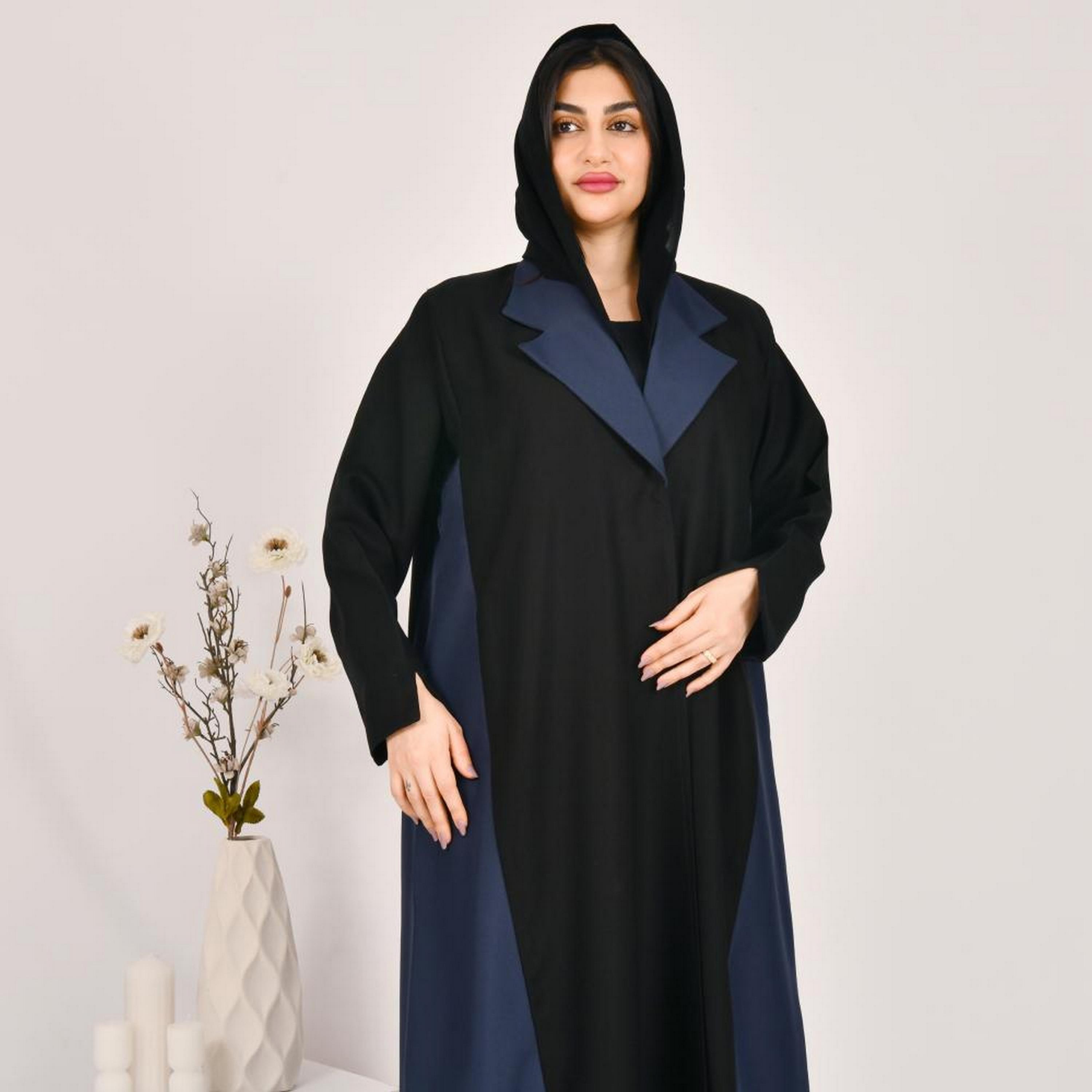 Beyond Abaya Black Colour-Blocked Lapel Collar Linen Women's Coat Style Abaya with Hijab-women-arabicclothing-abayas-image-2