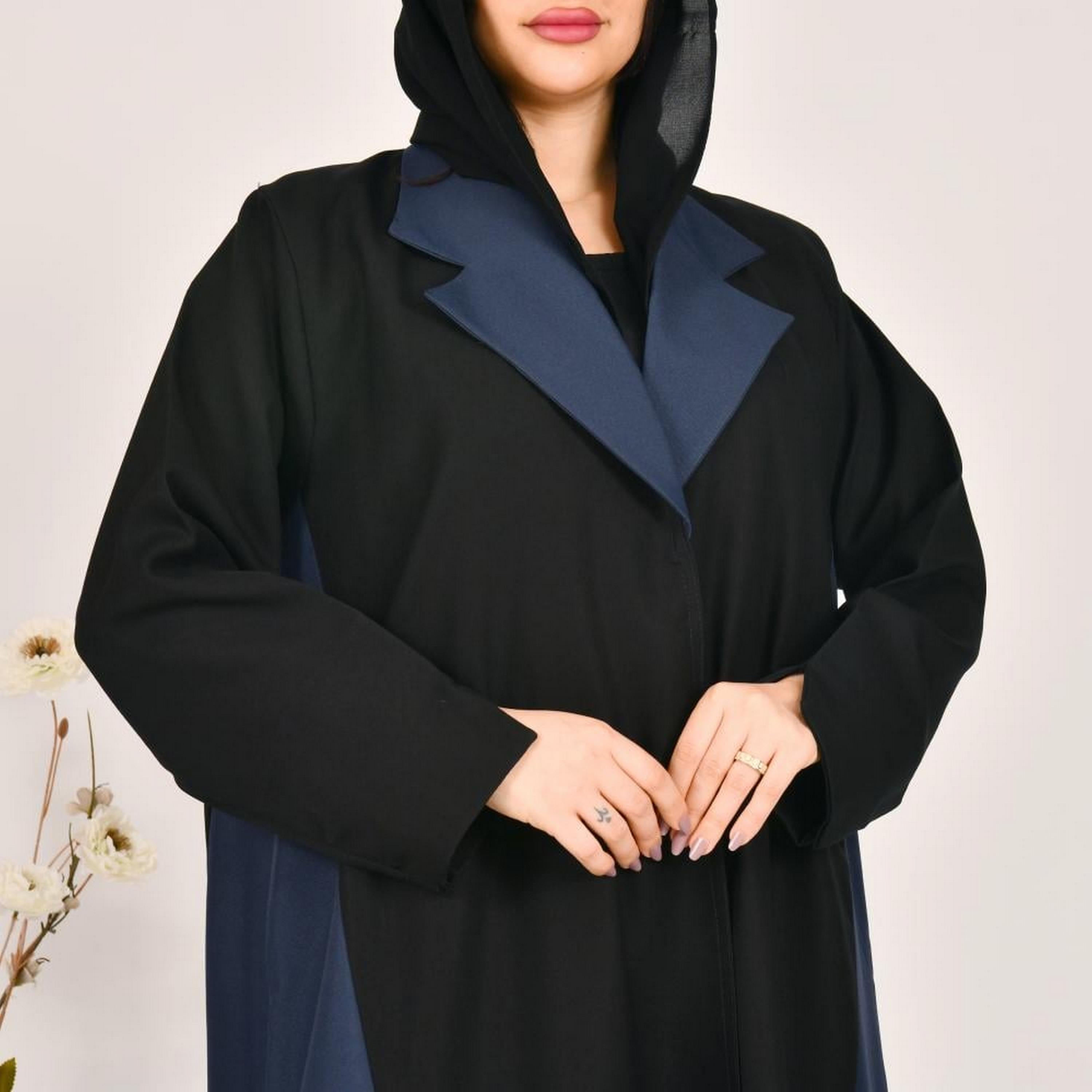 Beyond Abaya Black Colour-Blocked Lapel Collar Linen Women's Coat Style Abaya with Hijab-women-arabicclothing-abayas-image-3