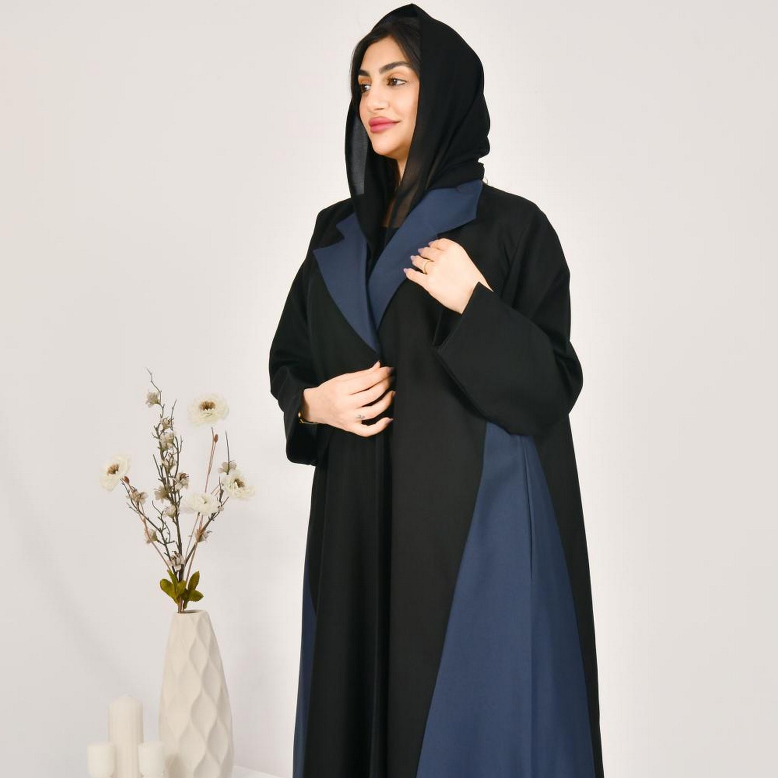 Beyond Abaya Black Colour-Blocked Lapel Collar Linen Women's Coat Style Abaya with Hijab-women-arabicclothing-abayas-image-4
