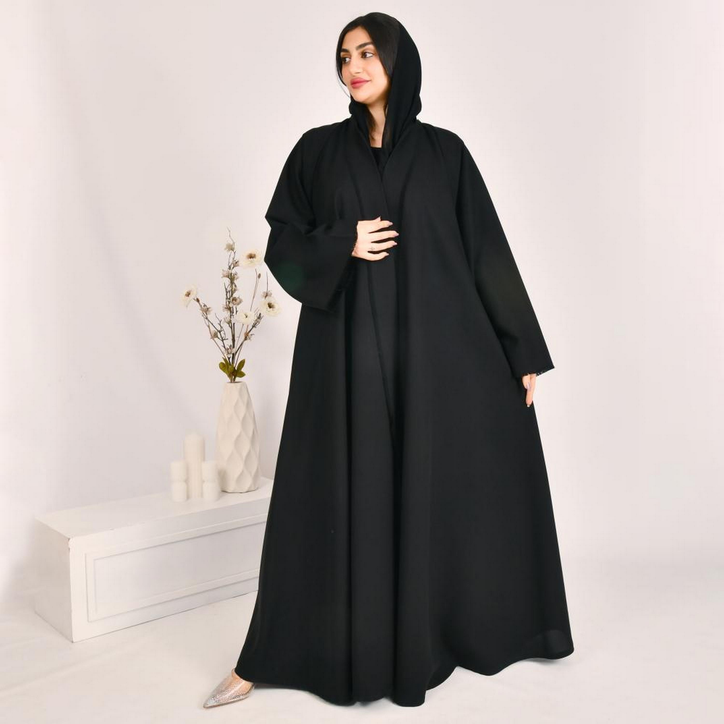 Beyond Abaya Black Wide Sleeves Linen Women's Cloche Abaya with Hijab-women-arabicclothing-prayerclothing-image-4