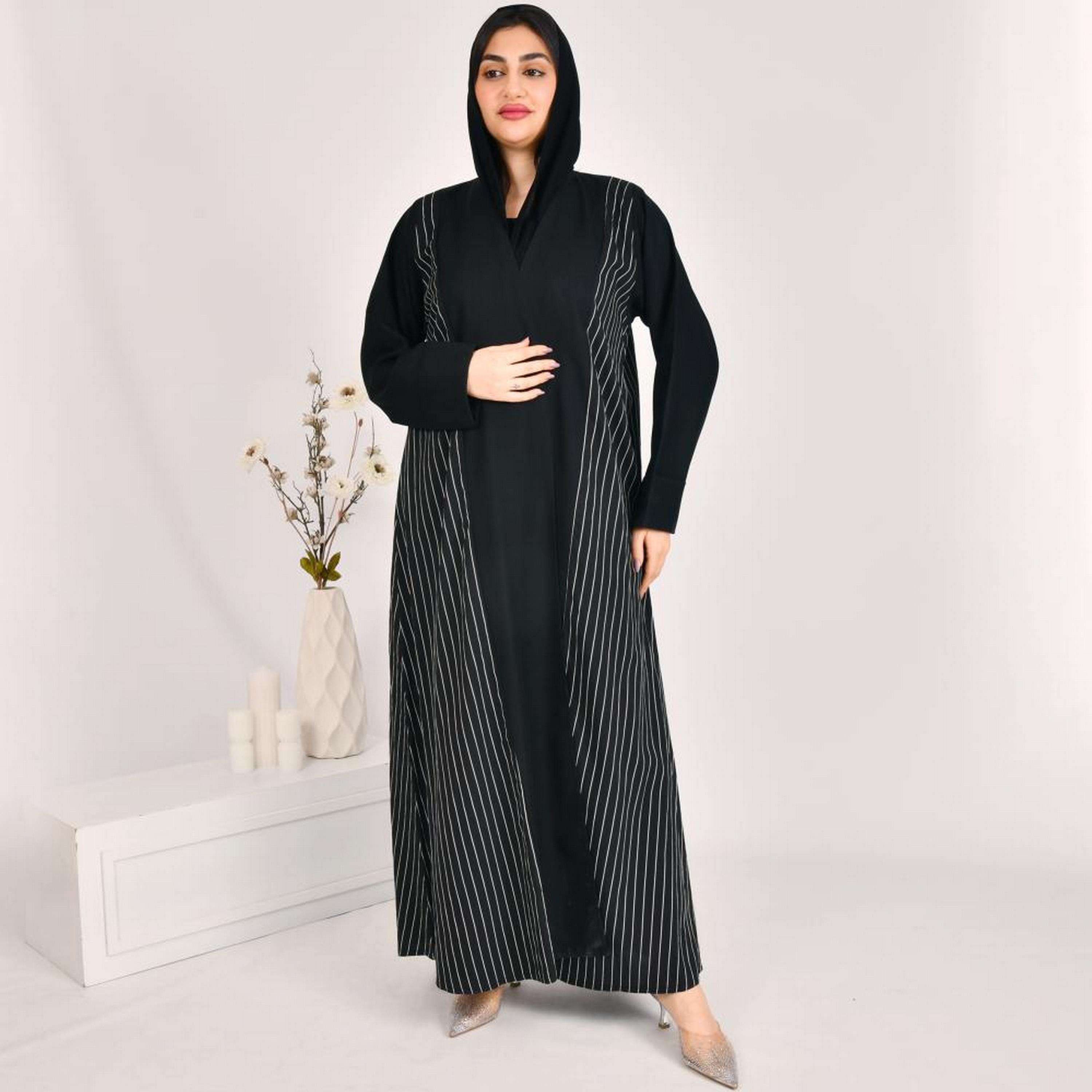 Beyond Abaya Black Striped Linen Women's Abaya with Hijab-women-arabicclothing-abayas-image-1