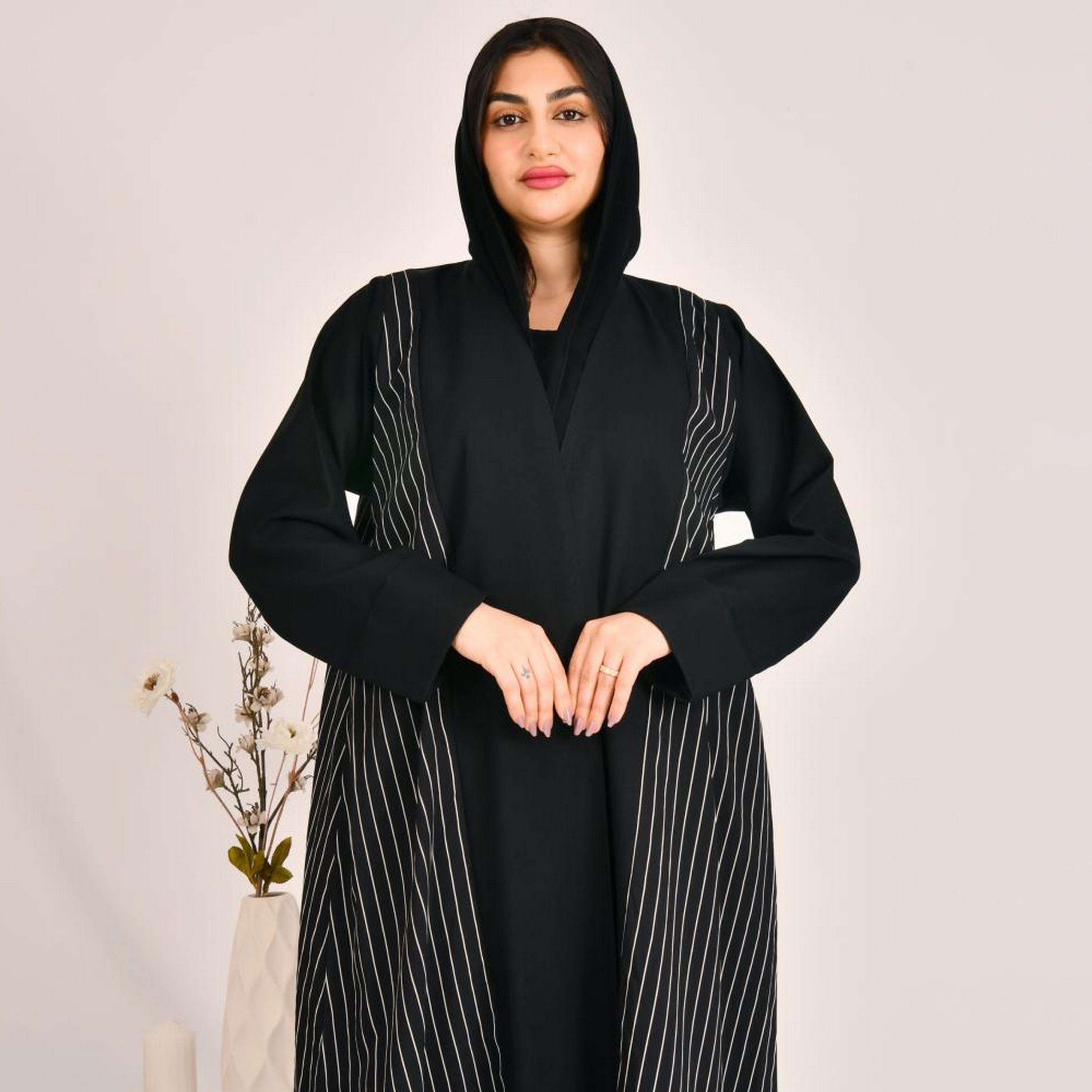 Beyond Abaya Black Striped Linen Women's Abaya with Hijab-women-arabicclothing-abayas-image-2