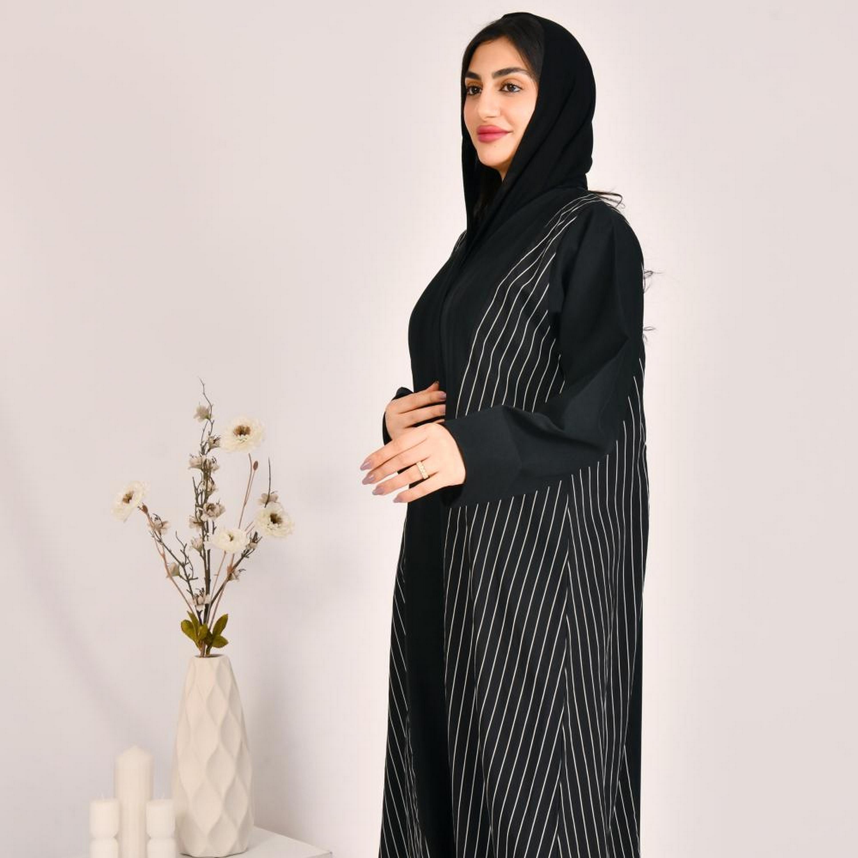 Beyond Abaya Black Striped Linen Women's Abaya with Hijab-women-arabicclothing-abayas-image-3