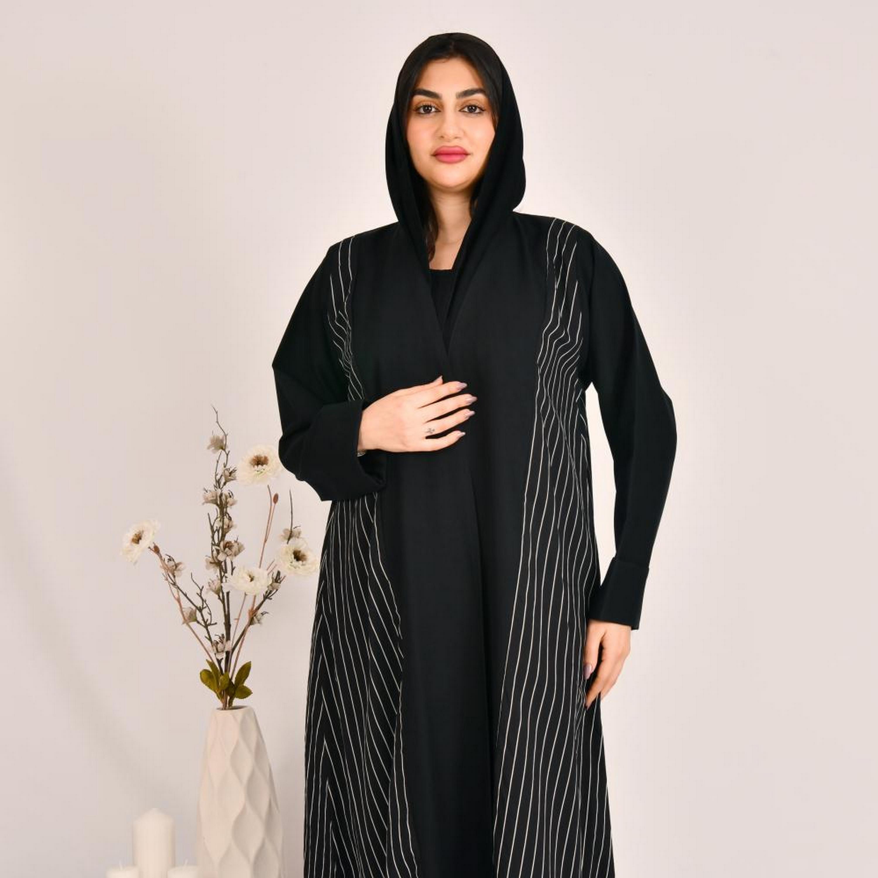 Beyond Abaya Black Striped Linen Women's Abaya with Hijab-women-arabicclothing-abayas-image-4