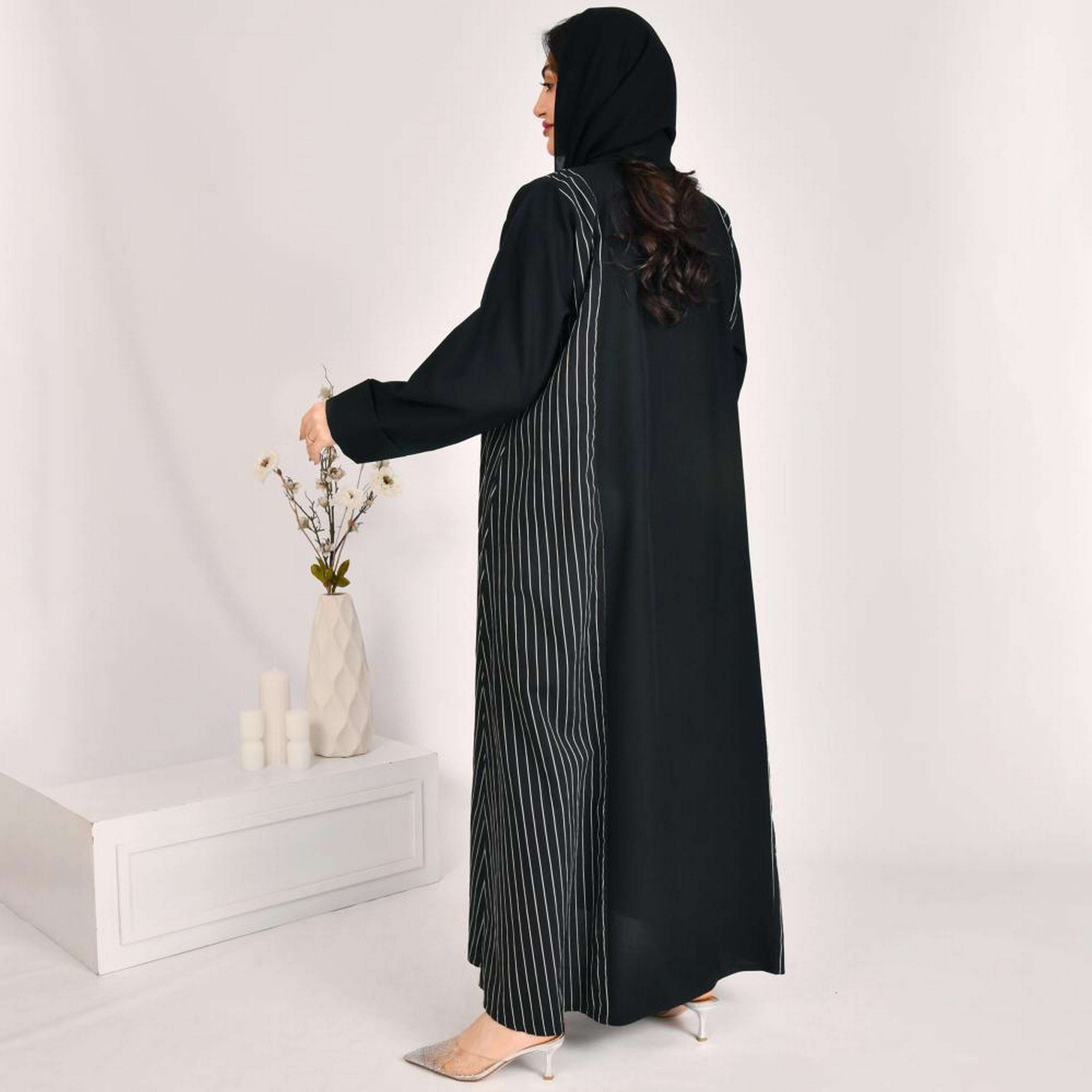 Beyond Abaya Black Striped Linen Women's Abaya with Hijab-women-arabicclothing-abayas-image-5