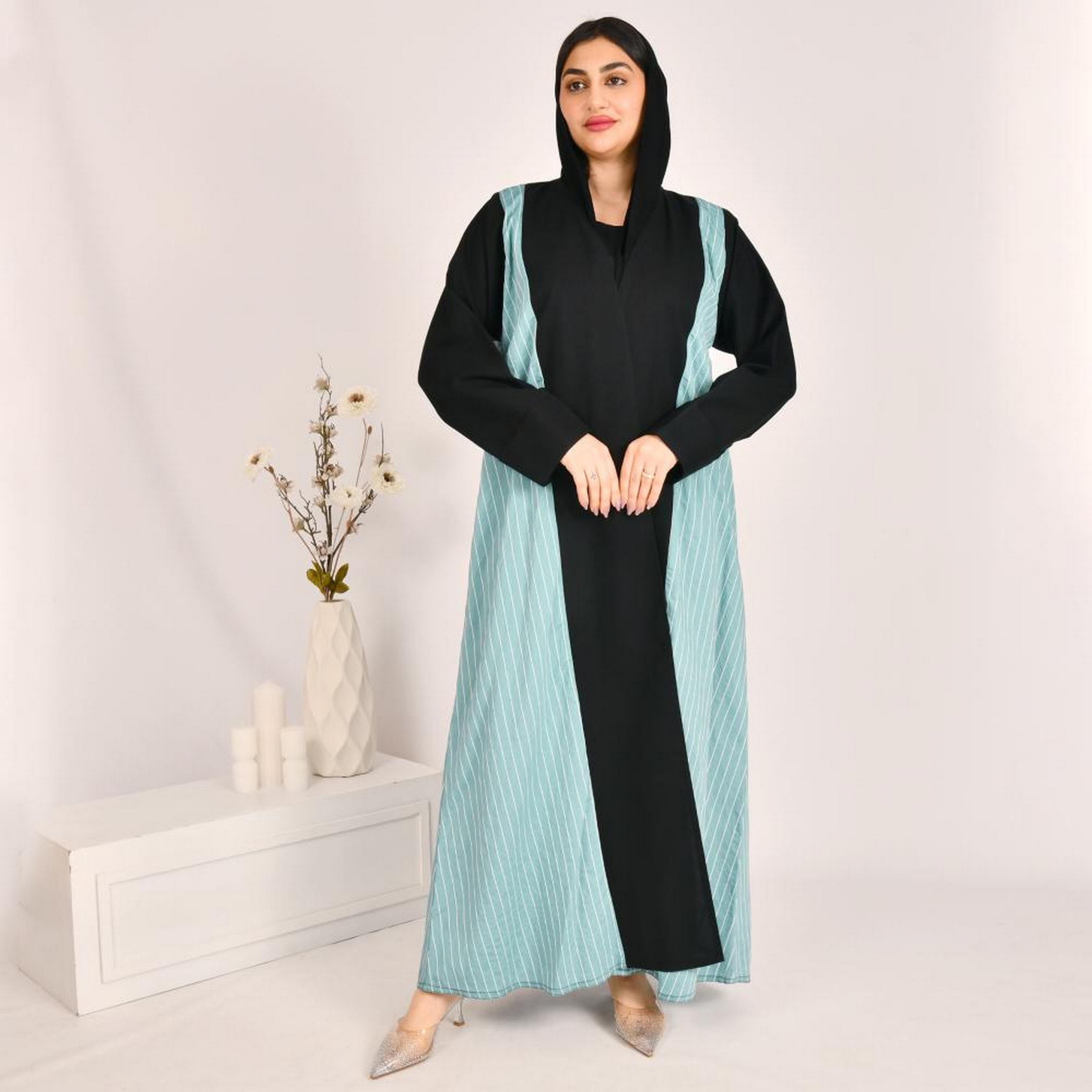 Beyond Abaya Blue Stripes Crepe Women's Abaya with Hijab-women-arabicclothing-abayas-image-1