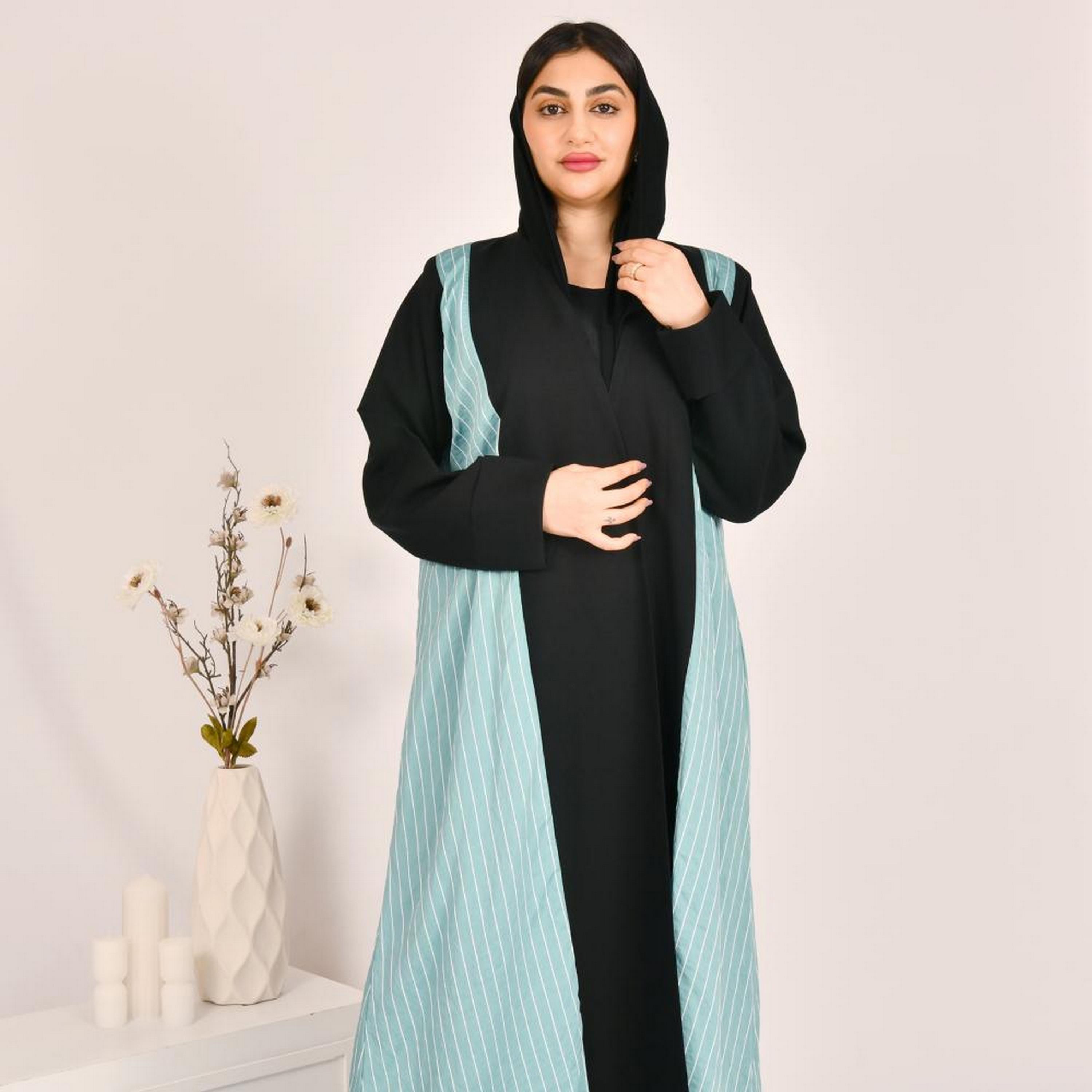 Beyond Abaya Blue Stripes Crepe Women's Abaya with Hijab-women-arabicclothing-abayas-image-2