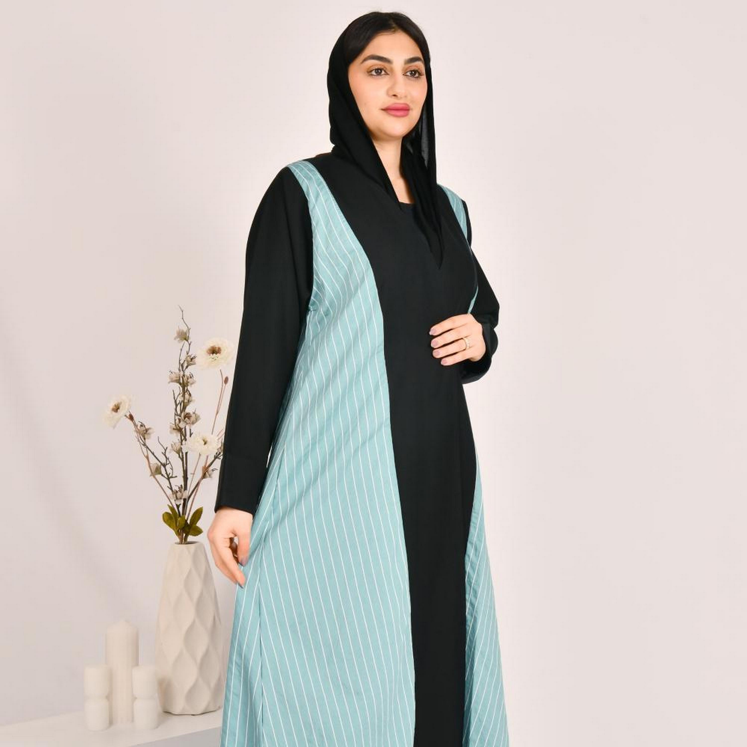 Beyond Abaya Blue Stripes Crepe Women's Abaya with Hijab-women-arabicclothing-abayas-image-4