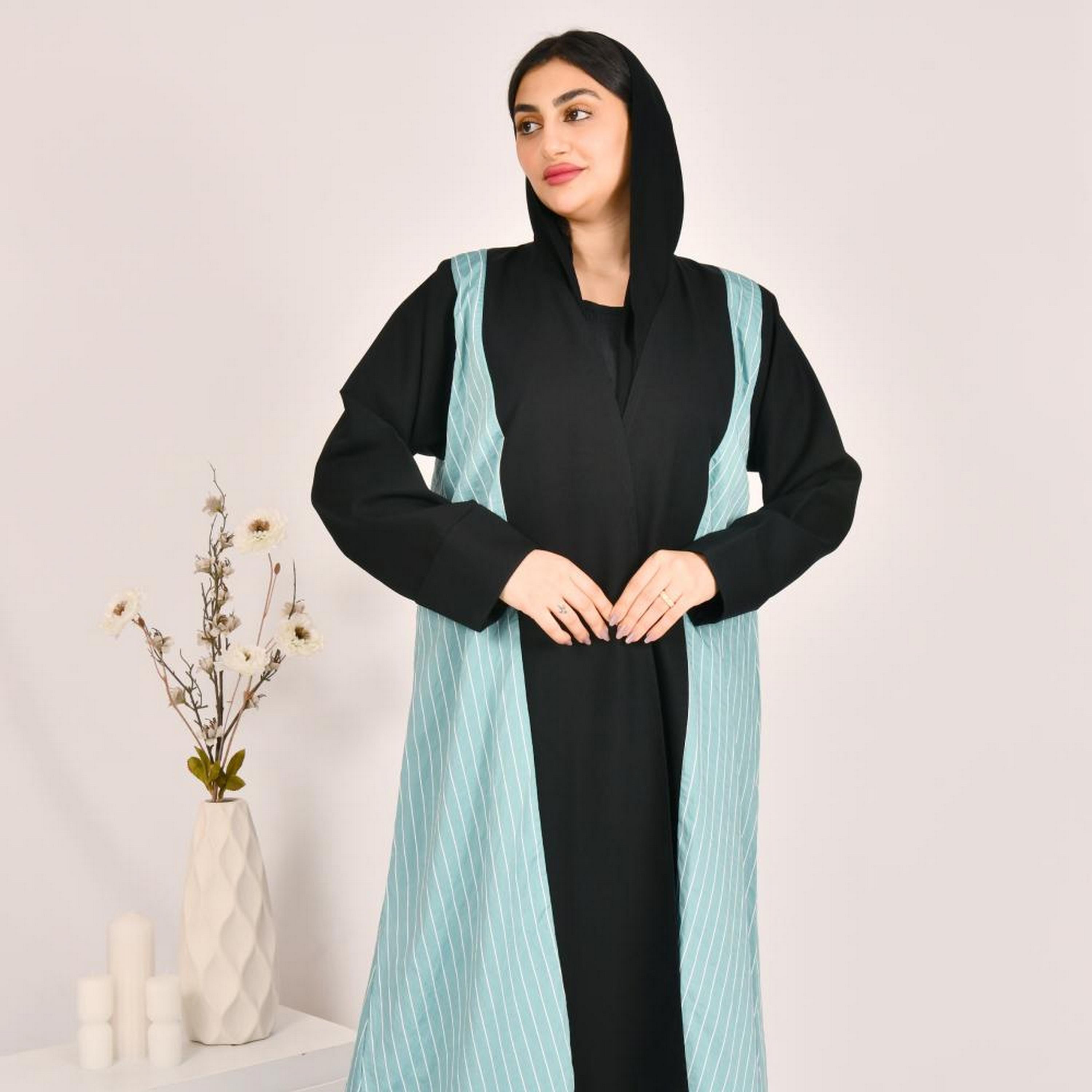Beyond Abaya Blue Stripes Crepe Women's Abaya with Hijab-women-arabicclothing-abayas-image-5