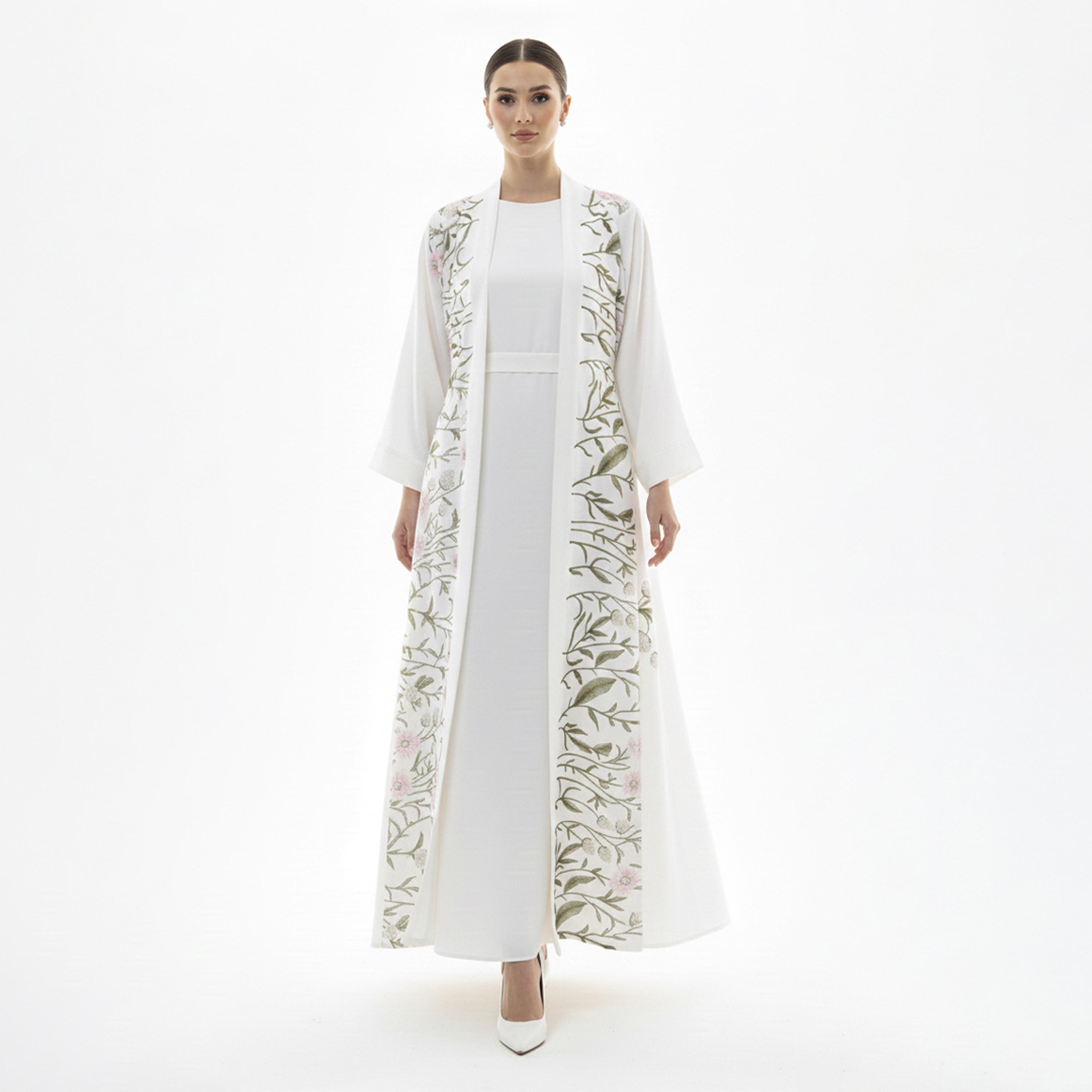 عباية "دبل كلوش" كريب بتطريز "فلورال" نسائية - أبيض من بيوند عباية-women-arabicclothing-abayas-image-1