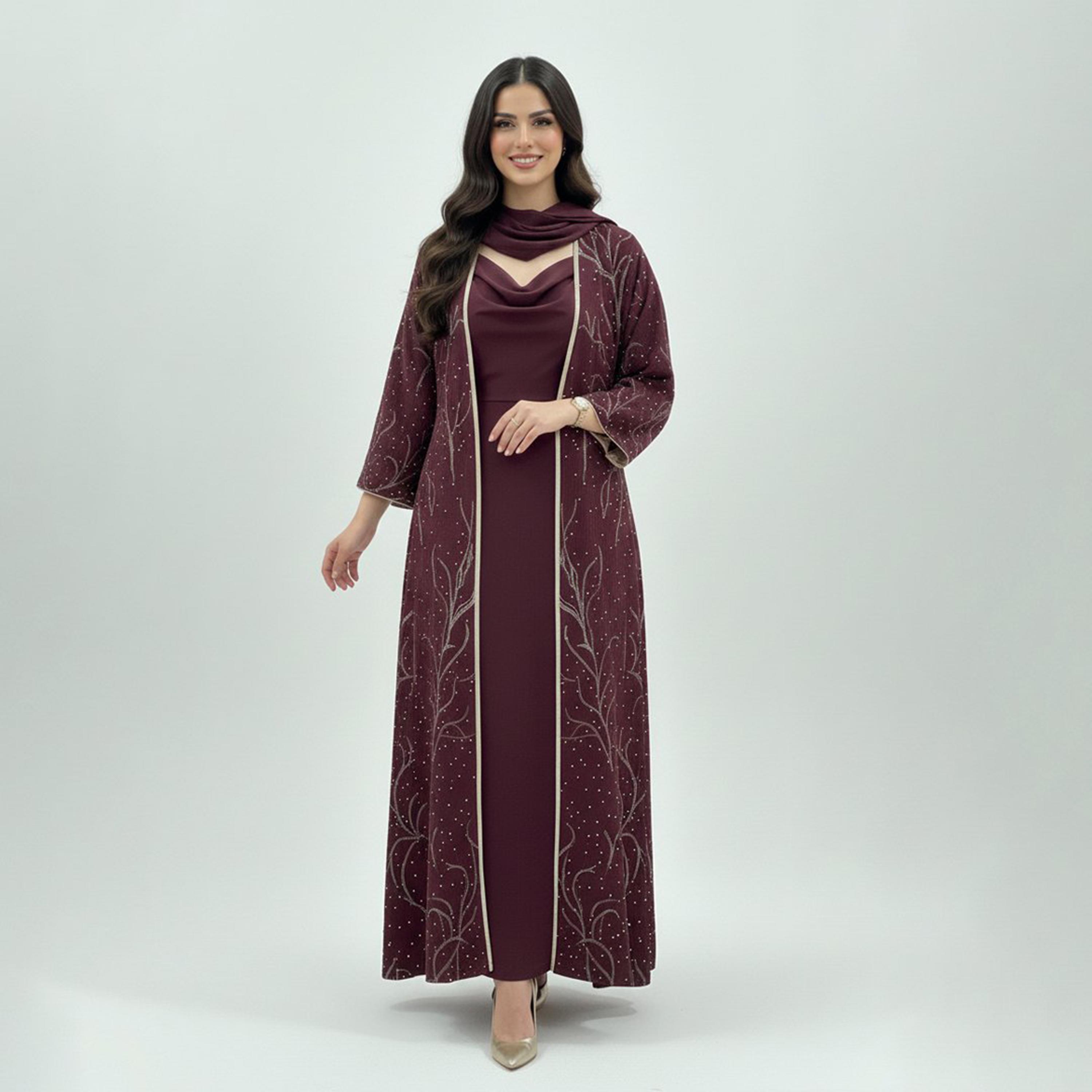 عباية كريب بتطريز كامل نسائية - "واين" من بيوند عباية-women-arabicclothing-abayas-image-1