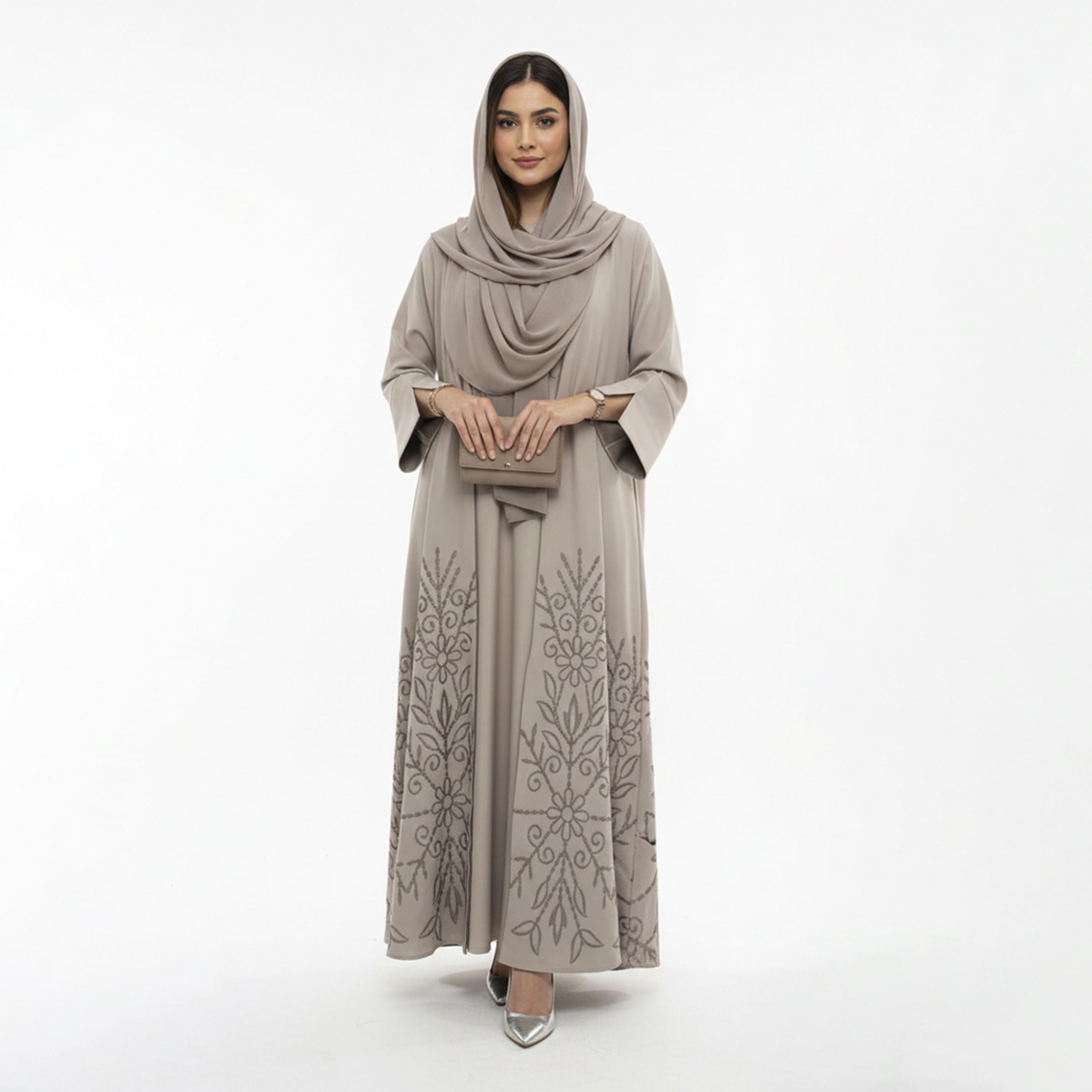 Beyond Abaya Beige Embroidered Crepe Women's Abaya with Hijab-women-arabicclothing-abayas-image-1