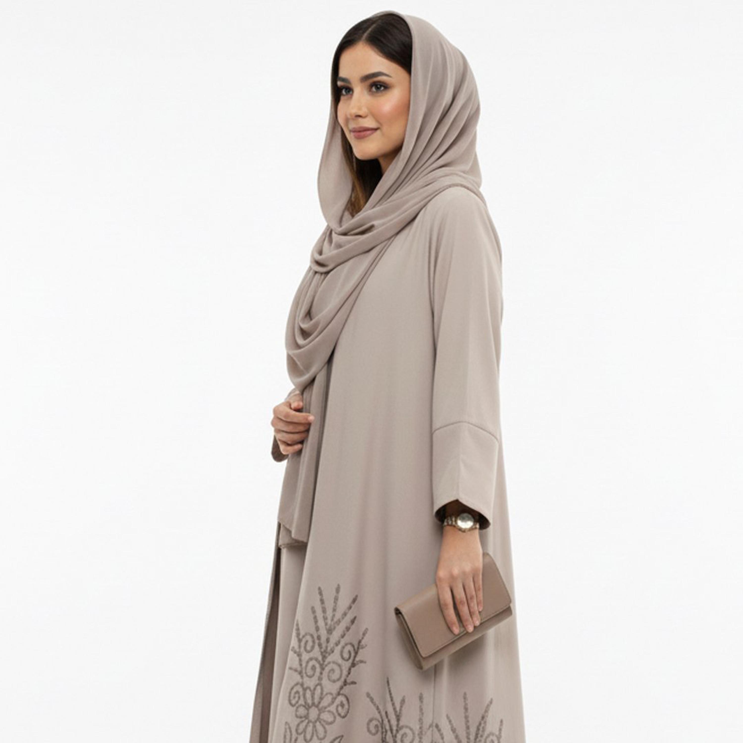 Beyond Abaya Beige Embroidered Crepe Women's Abaya with Hijab-women-arabicclothing-abayas-image-2