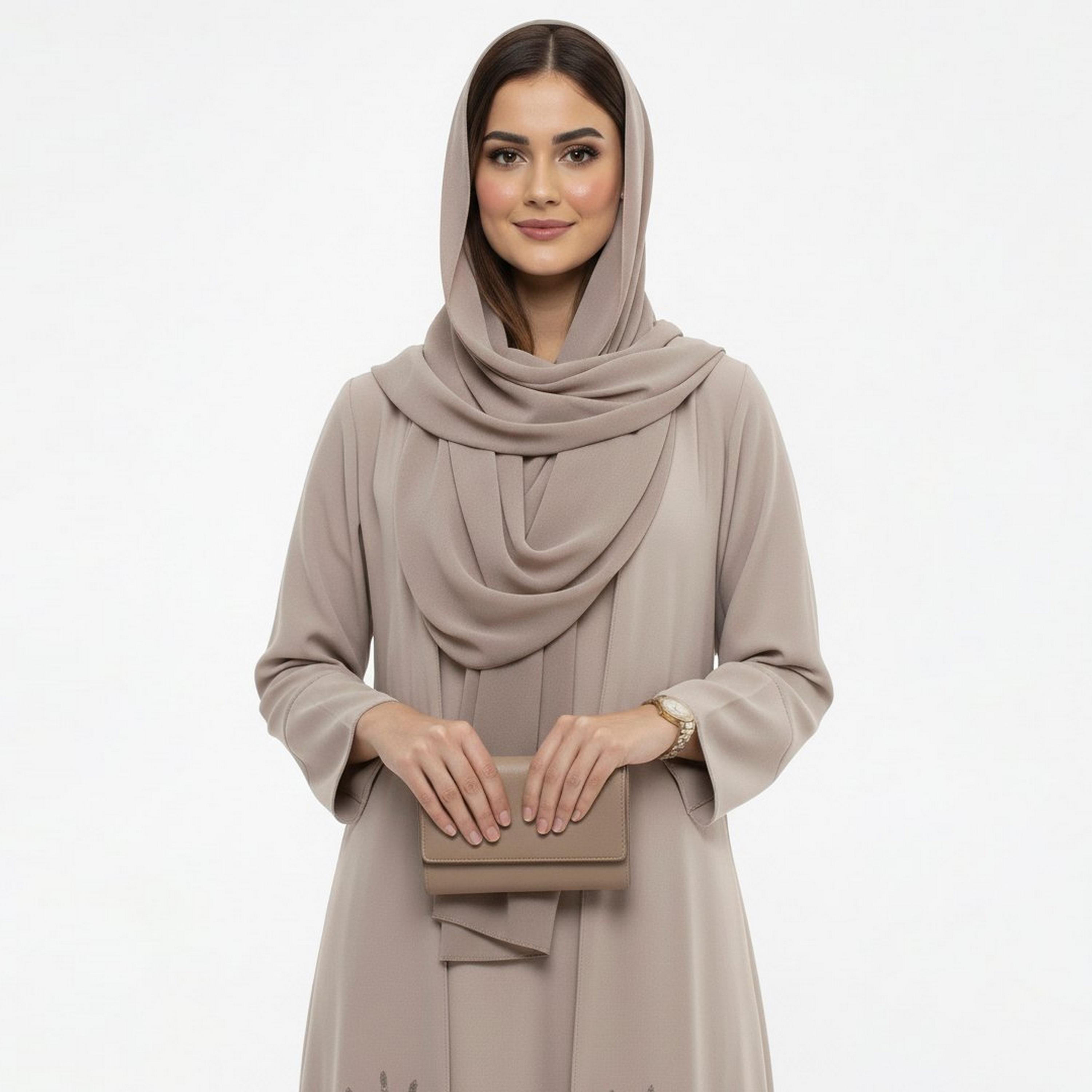 Beyond Abaya Beige Embroidered Crepe Women's Abaya with Hijab-women-arabicclothing-abayas-image-3