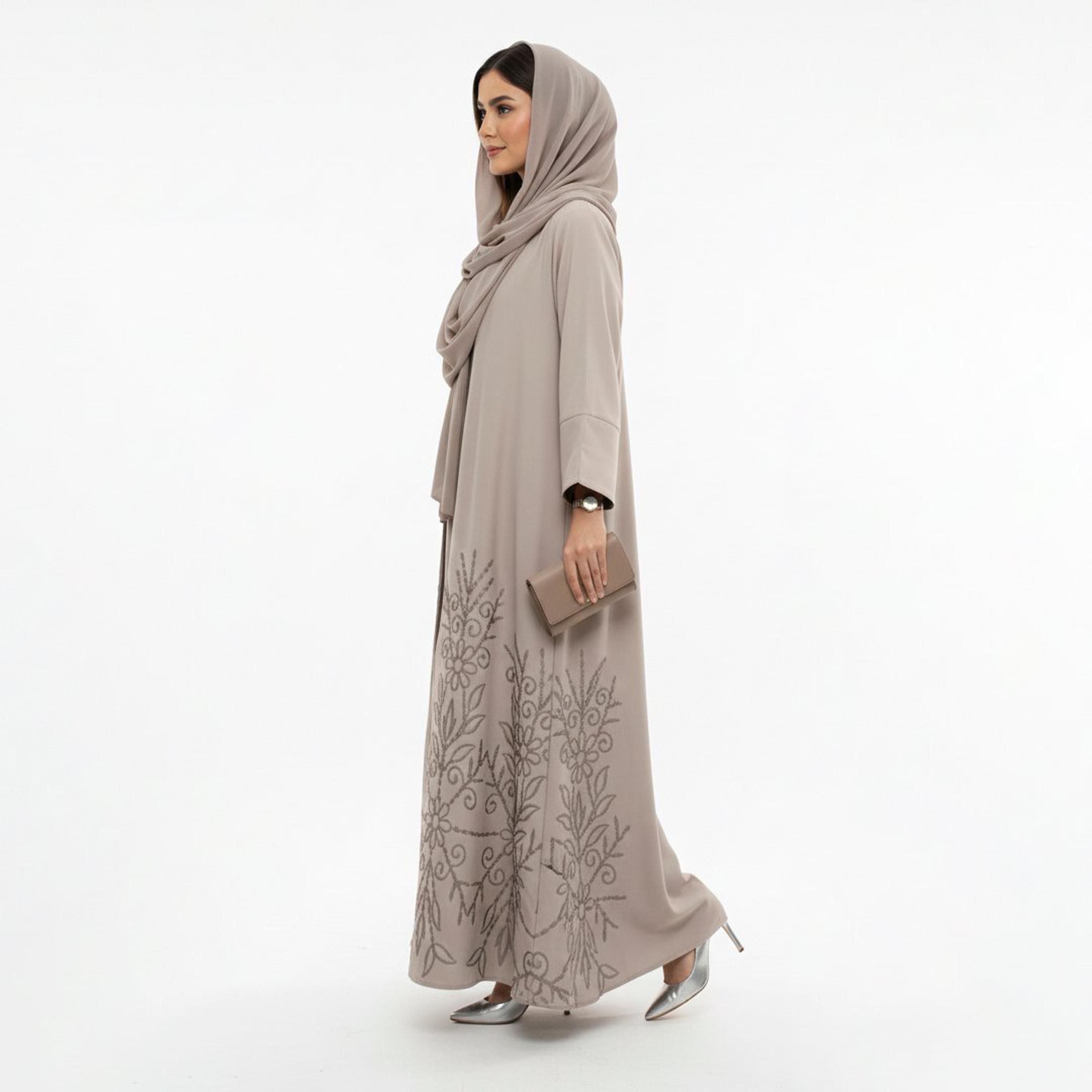 Beyond Abaya Beige Embroidered Crepe Women's Abaya with Hijab-women-arabicclothing-abayas-image-4