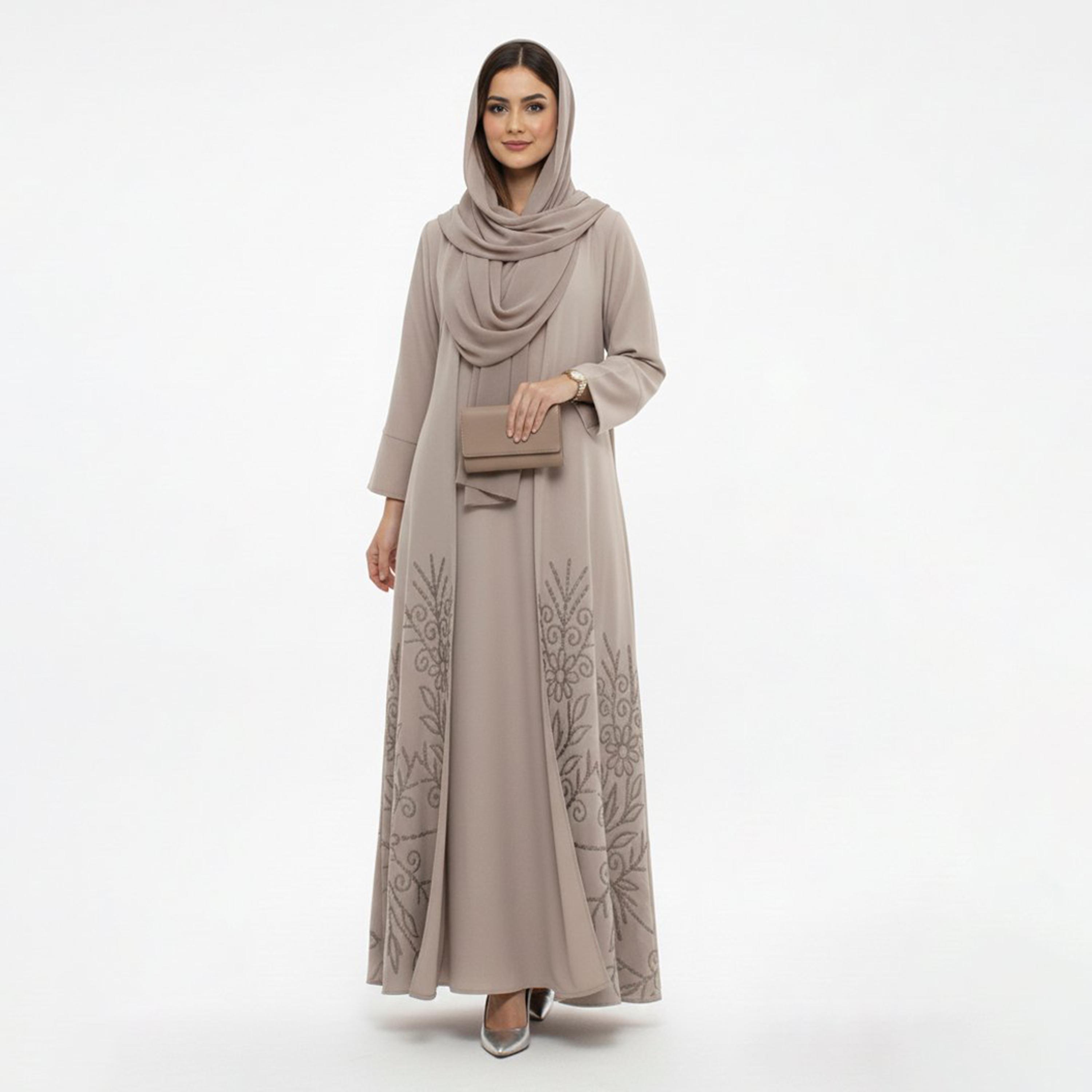 Beyond Abaya Beige Embroidered Crepe Women's Abaya with Hijab-women-arabicclothing-abayas-image-5