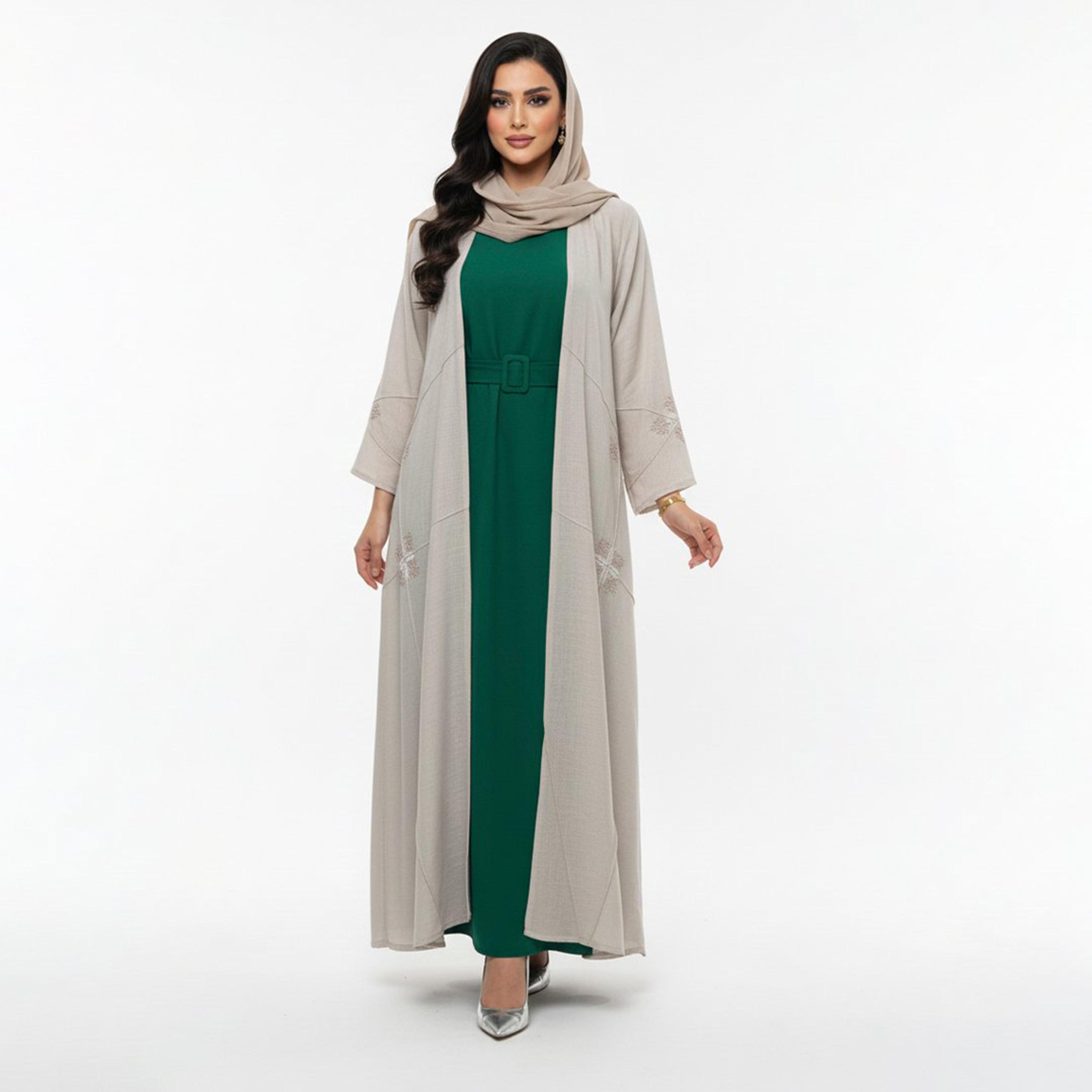 Beyond Abaya Grey Embroidered Linen Women's Abaya with Hijab-women-arabicclothing-abayas-image-1