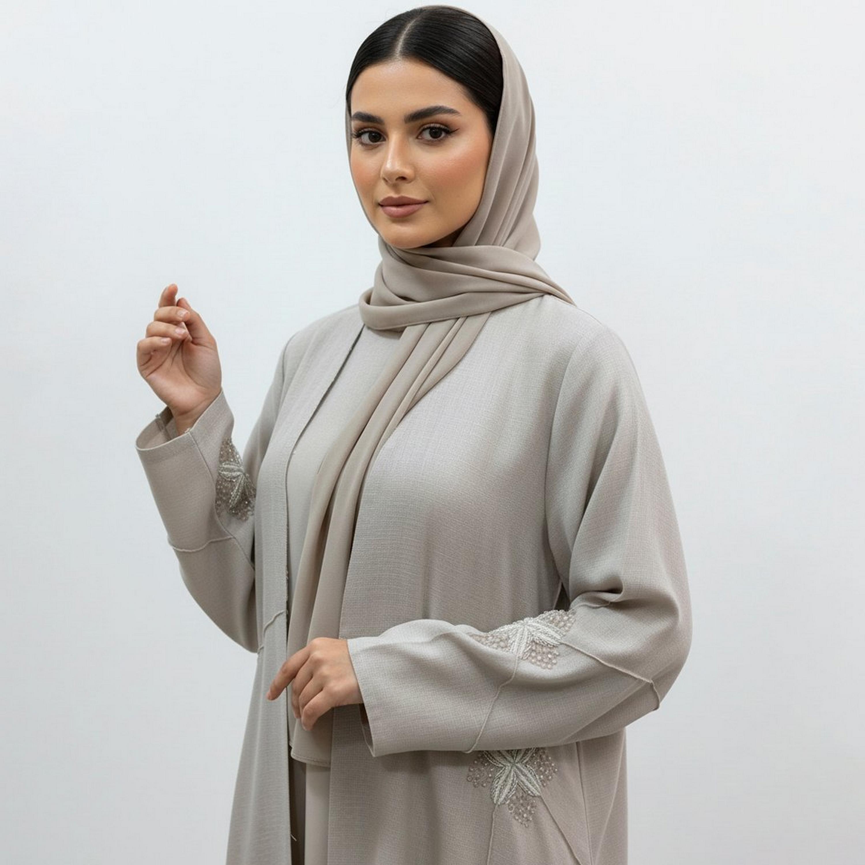 Beyond Abaya Grey Embroidered Linen Women's Abaya with Hijab-women-arabicclothing-abayas-image-2
