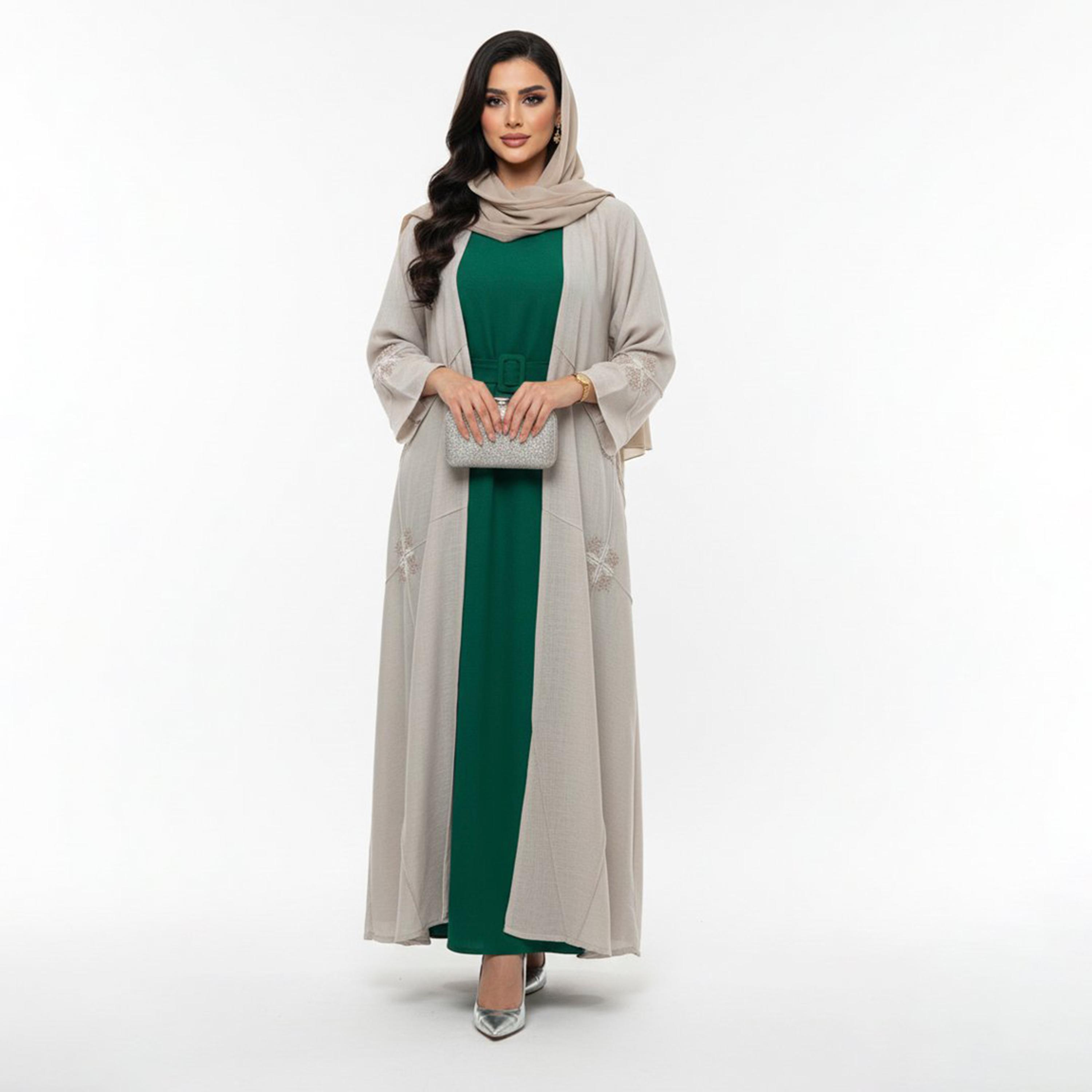 Beyond Abaya Grey Embroidered Linen Women's Abaya with Hijab-women-arabicclothing-abayas-image-4