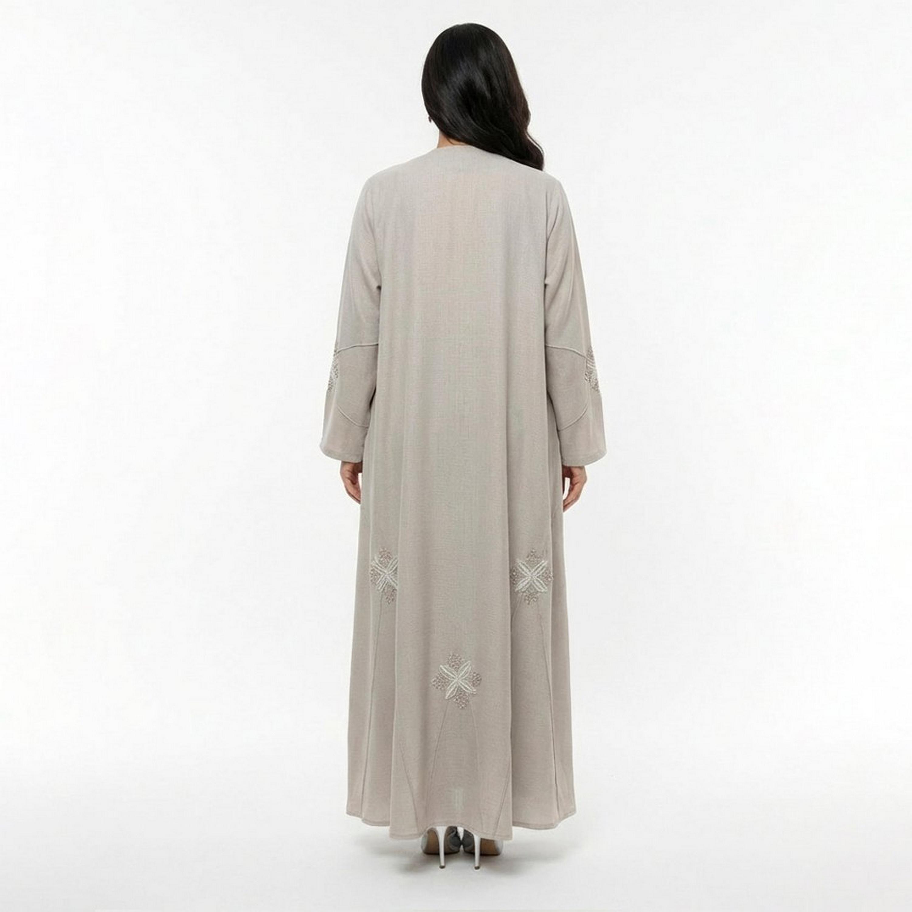 Beyond Abaya Grey Embroidered Linen Women's Abaya with Hijab-women-arabicclothing-abayas-image-5