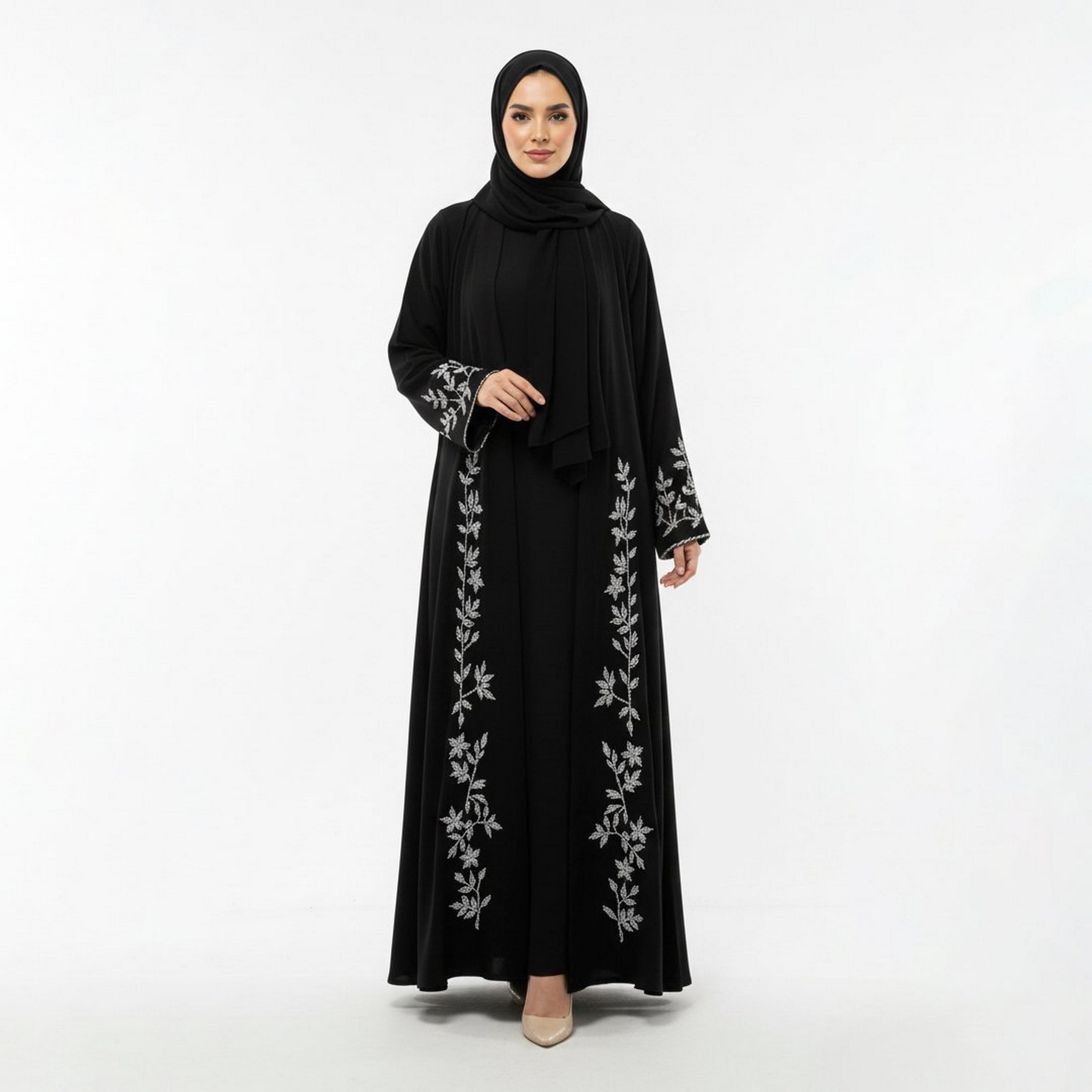 Beyond Abaya Black Embroidered Wide Sleeves Linen Women's Cloche Cut Abaya with Hijab-women-arabicclothing-abayas-image-1