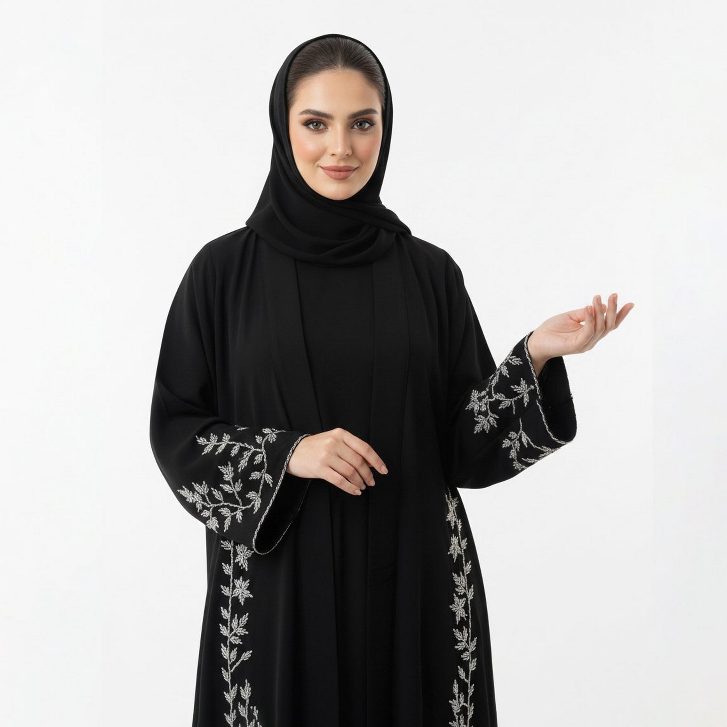Beyond Abaya Black Embroidered Wide Sleeves Linen Women's Cloche Cut Abaya with Hijab-women-arabicclothing-abayas-image-2