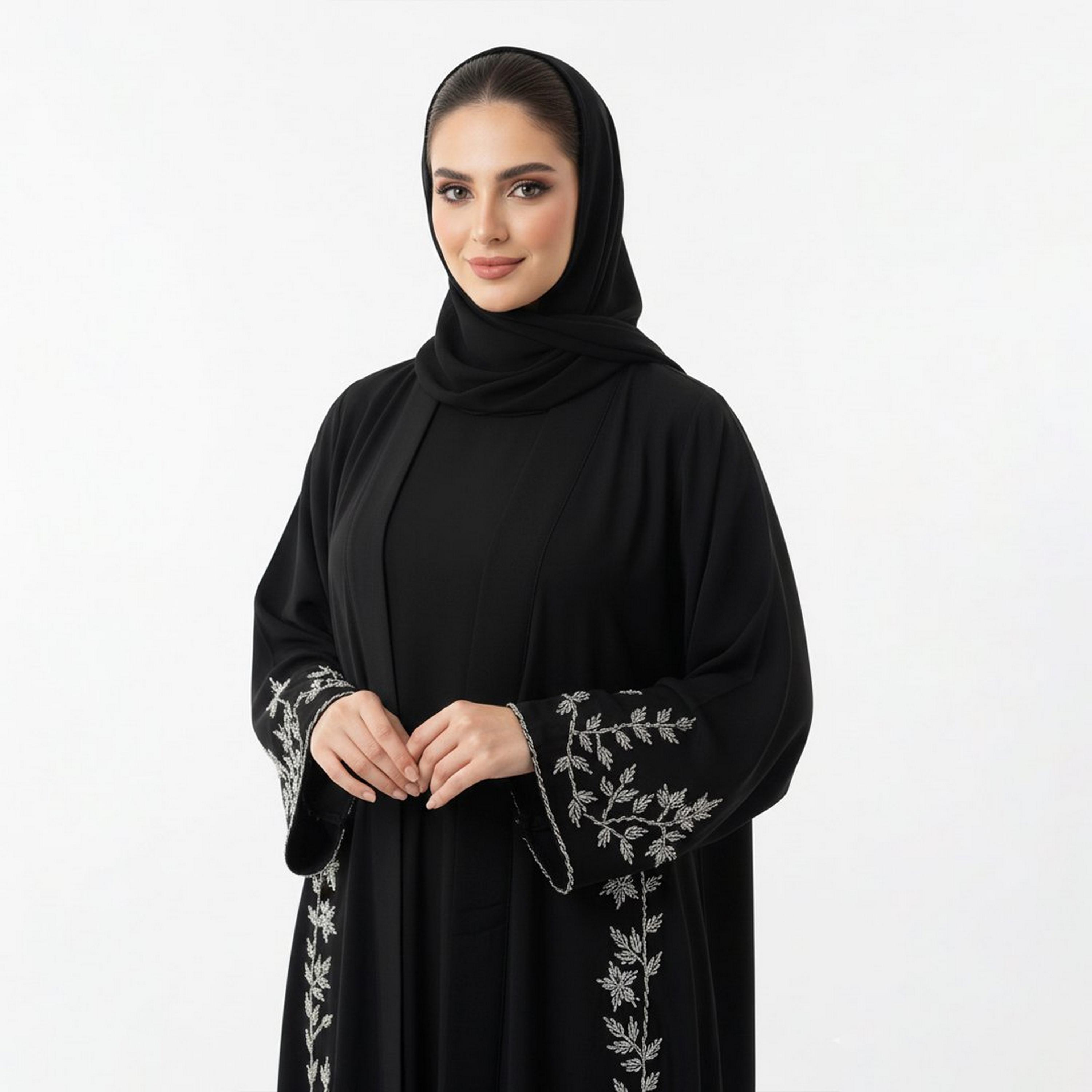 Beyond Abaya Black Embroidered Wide Sleeves Linen Women's Cloche Cut Abaya with Hijab-women-arabicclothing-abayas-image-3