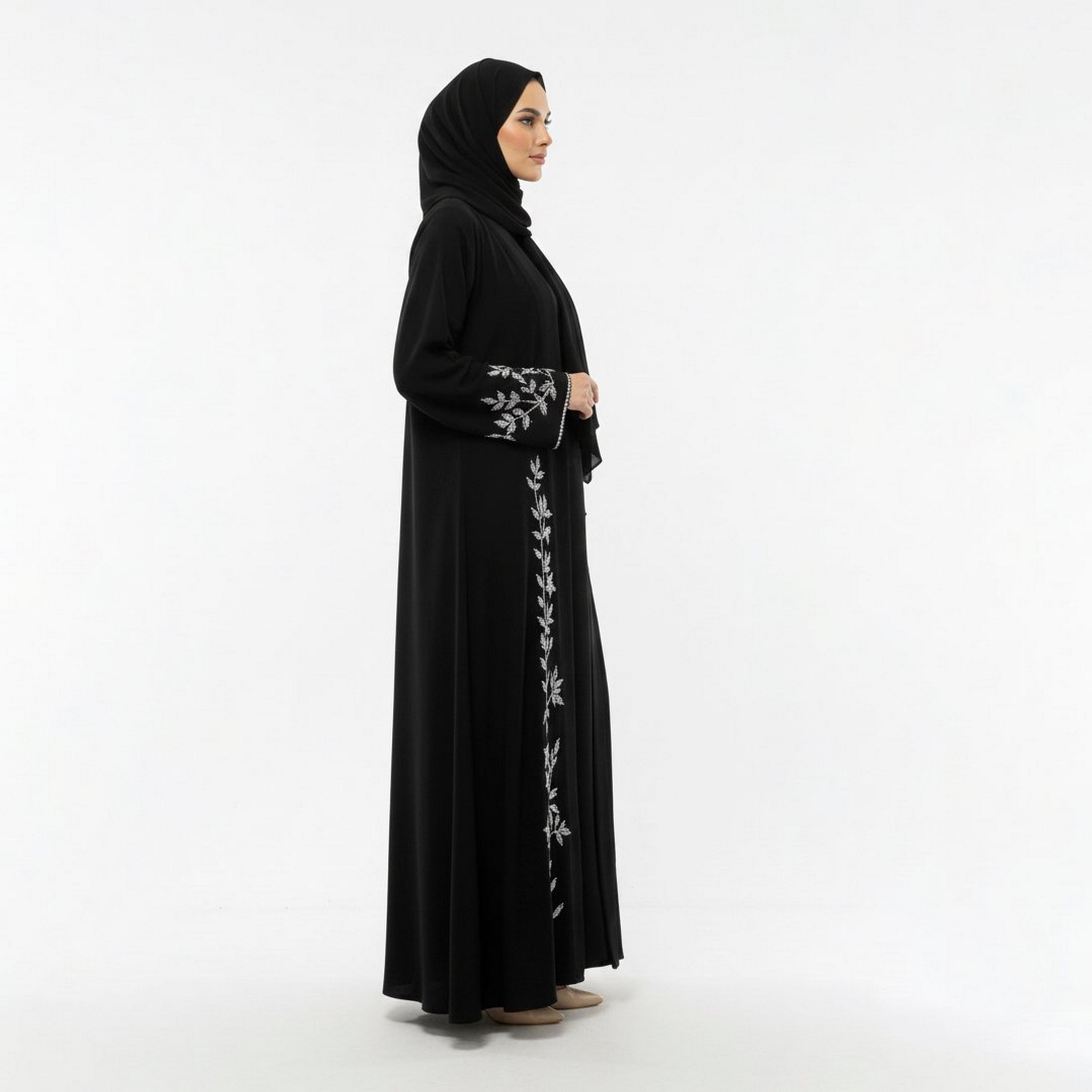 Beyond Abaya Black Embroidered Wide Sleeves Linen Women's Cloche Cut Abaya with Hijab-women-arabicclothing-abayas-image-4