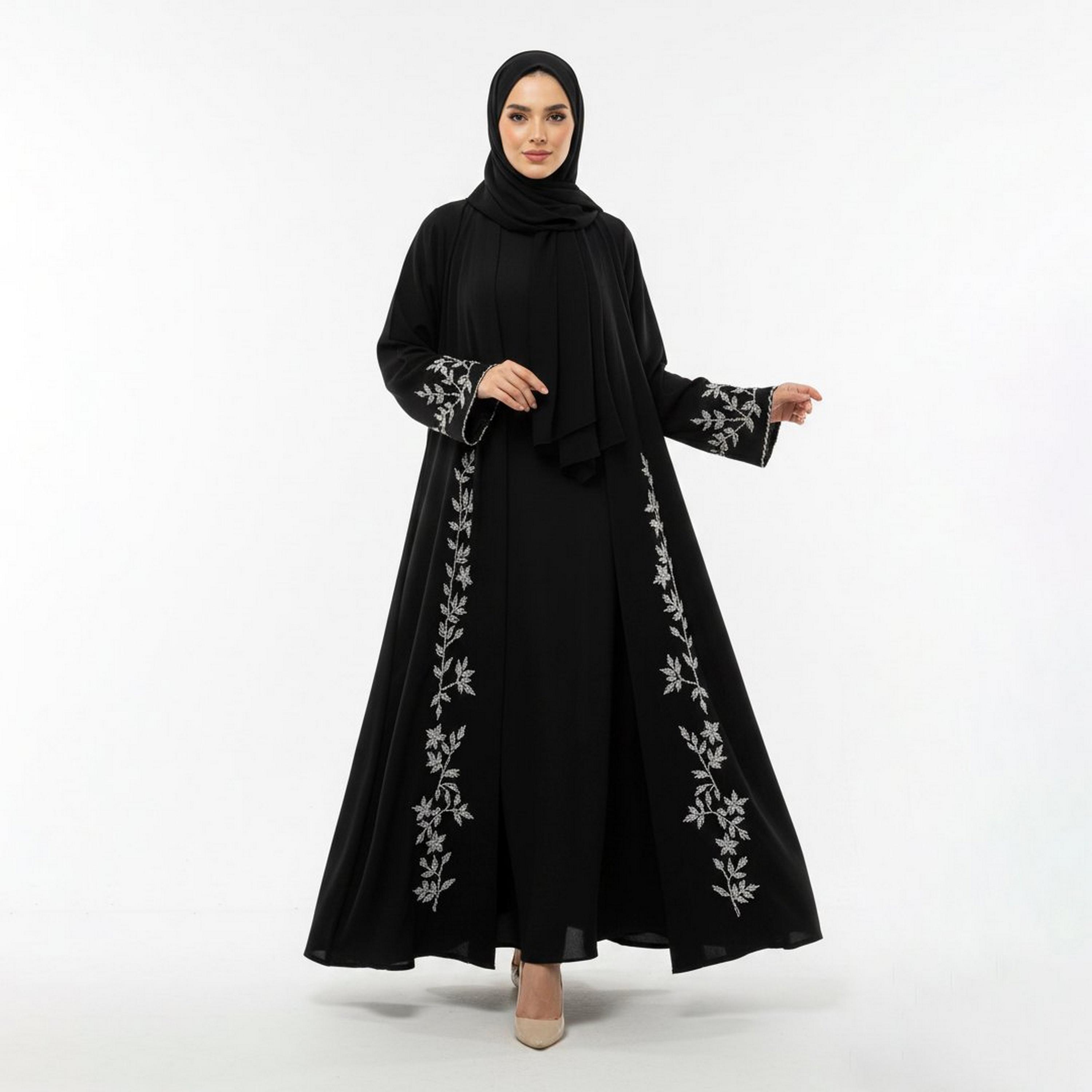 Beyond Abaya Black Embroidered Wide Sleeves Linen Women's Cloche Cut Abaya with Hijab-women-arabicclothing-abayas-image-5