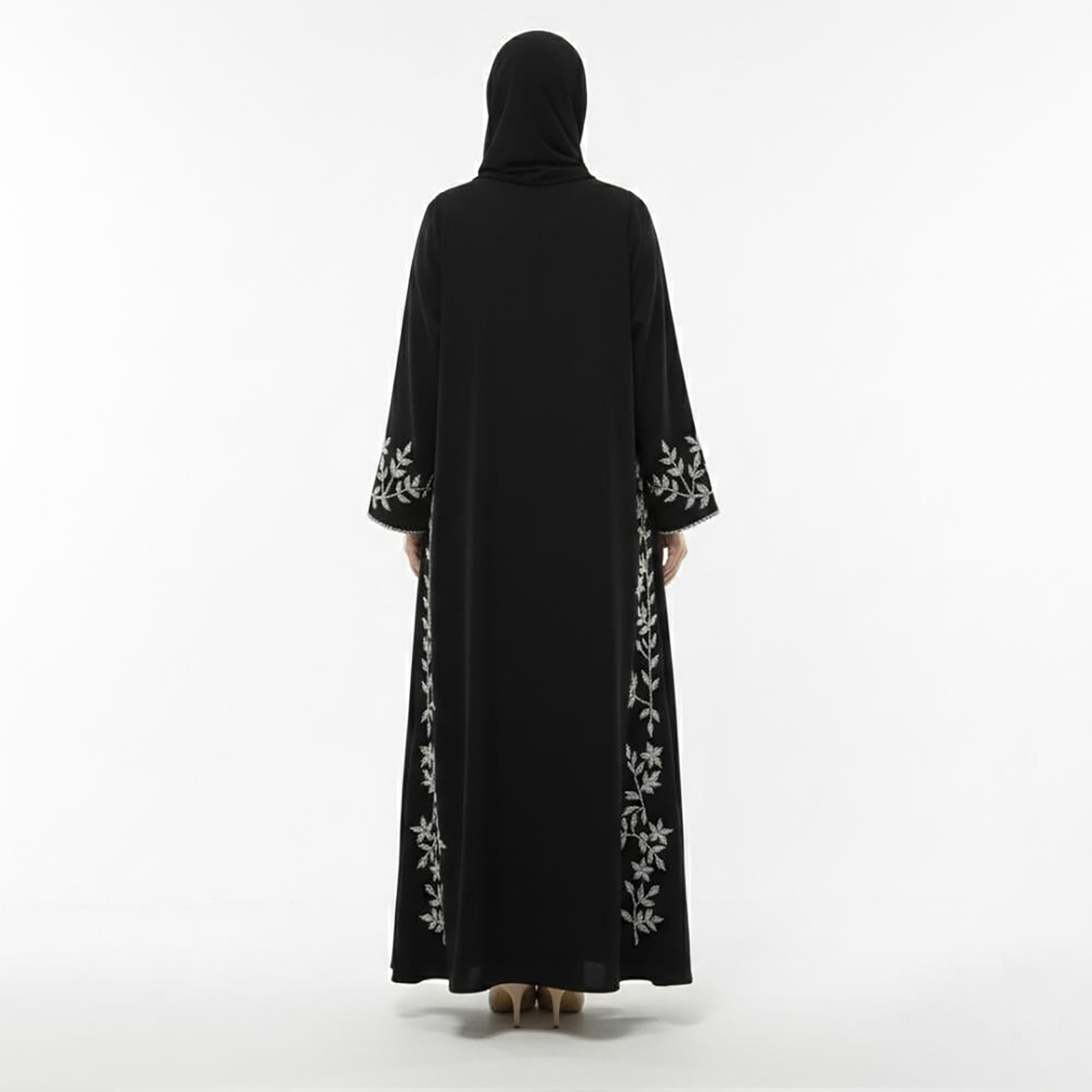 Beyond Abaya Black Embroidered Wide Sleeves Linen Women's Cloche Cut Abaya with Hijab-women-arabicclothing-abayas-image-6
