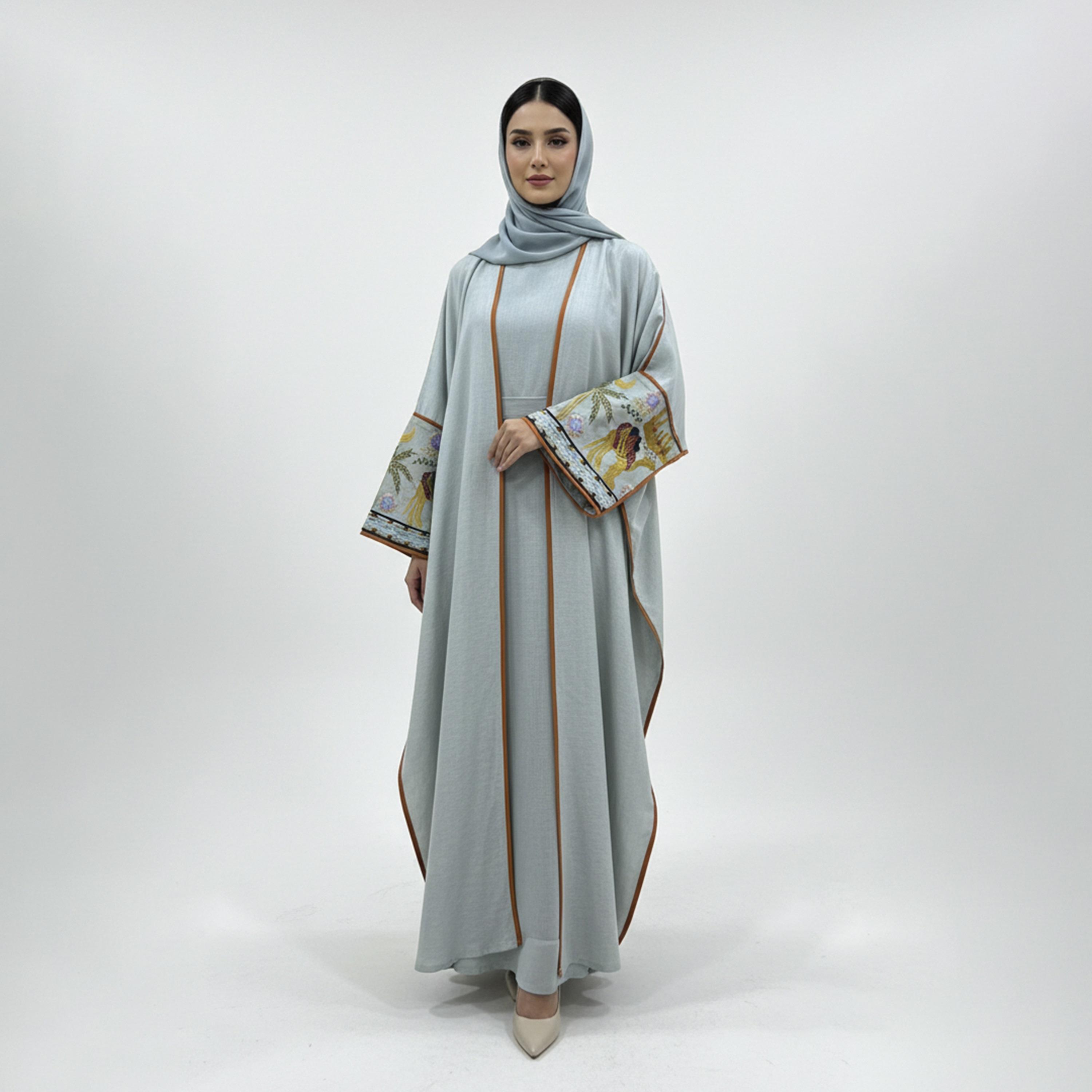 Beyond Abaya Light Blue Wide Sleeves Linen Women's Quarter Bisht Abaya-women-arabicclothing-abayas-image-1