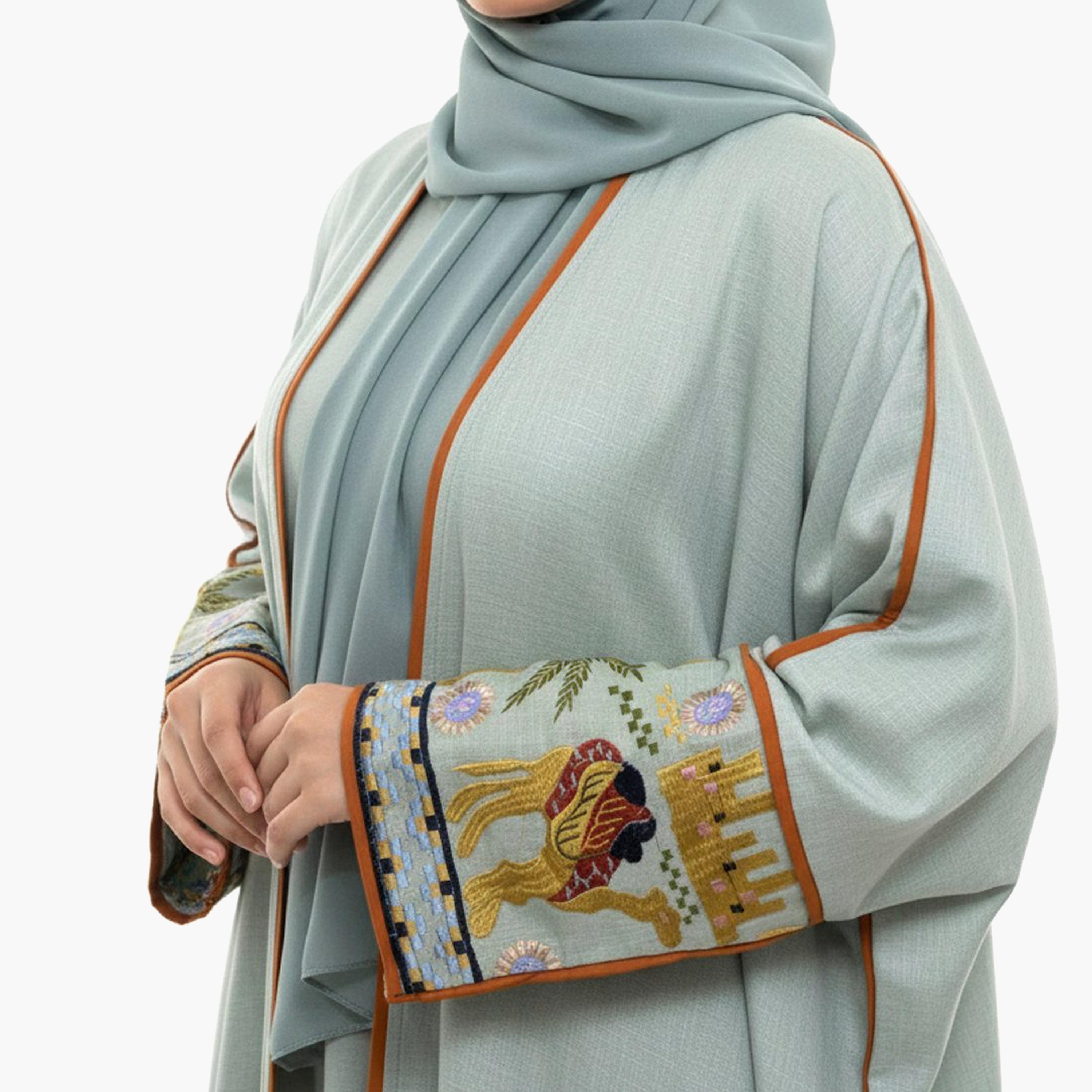 Beyond Abaya Light Blue Wide Sleeves Linen Women's Quarter Bisht Abaya-women-arabicclothing-abayas-image-2