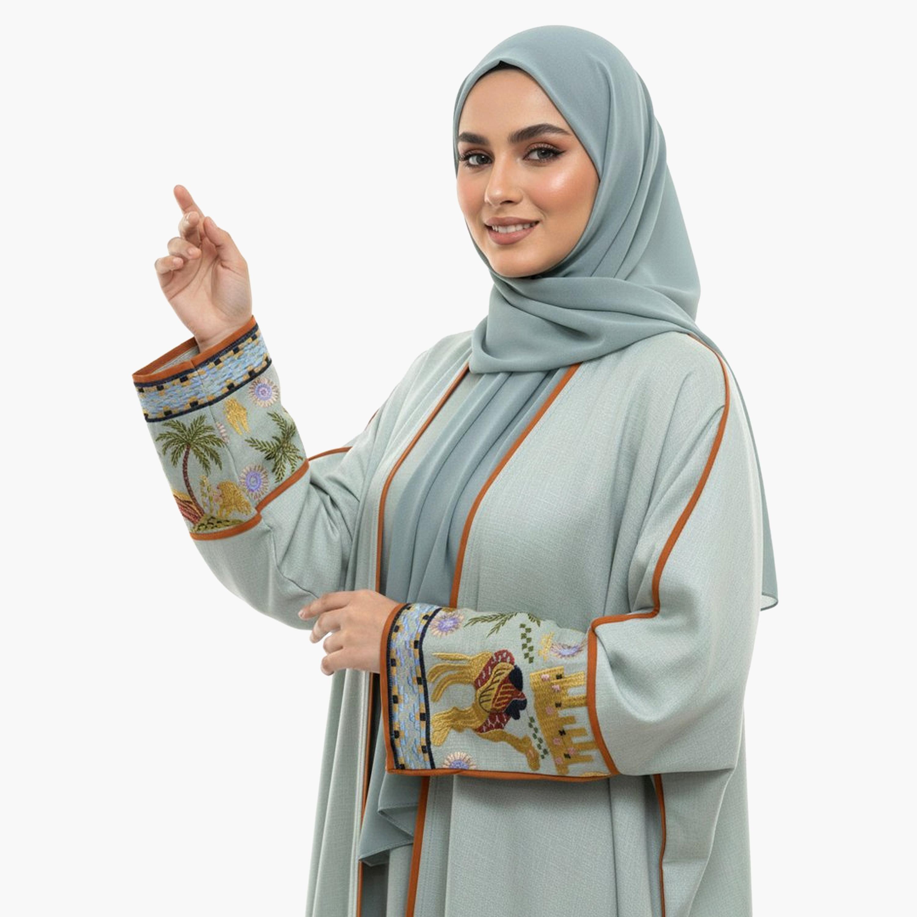 Beyond Abaya Light Blue Wide Sleeves Linen Women's Quarter Bisht Abaya-women-arabicclothing-abayas-image-3