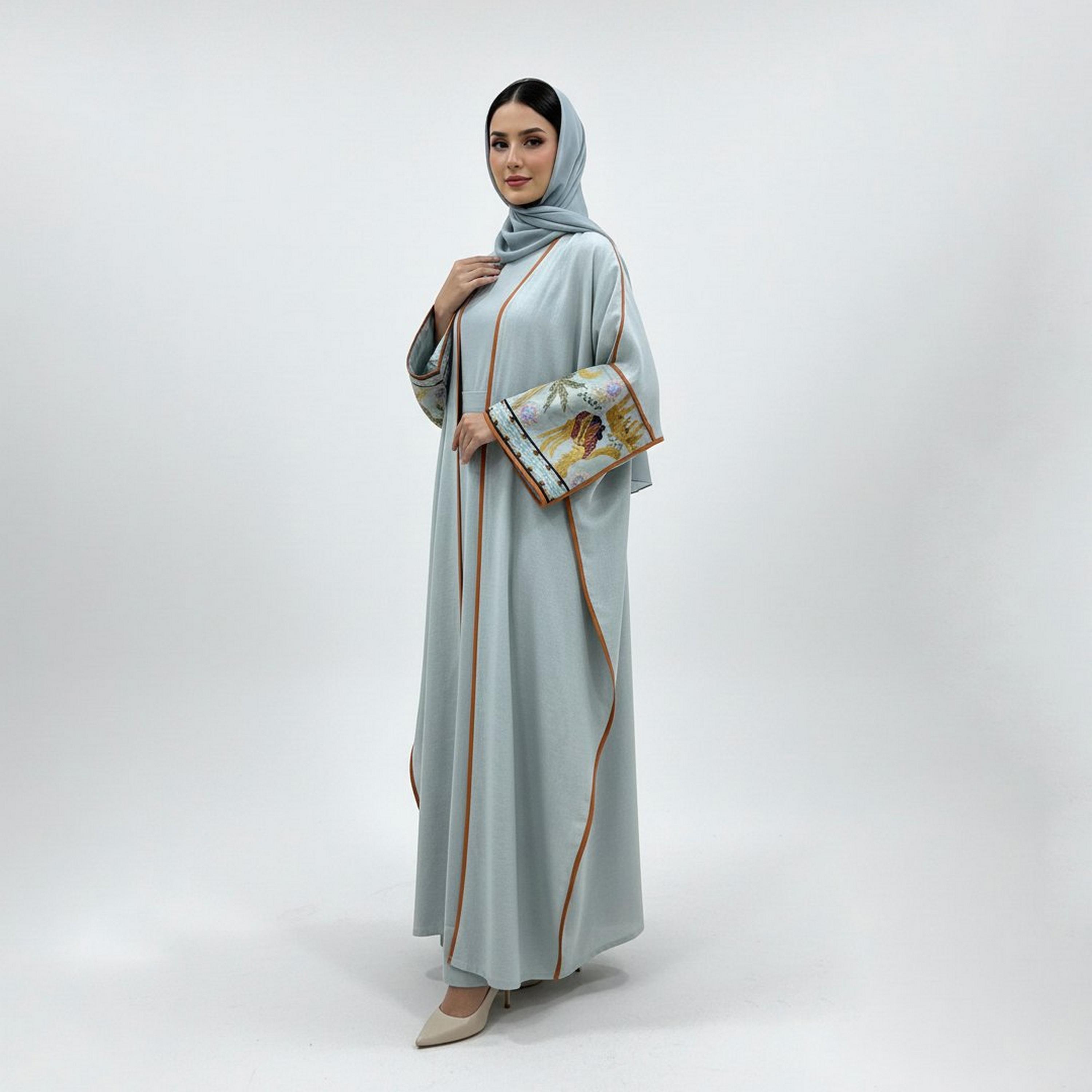 Beyond Abaya Light Blue Wide Sleeves Linen Women's Quarter Bisht Abaya-women-arabicclothing-abayas-image-4