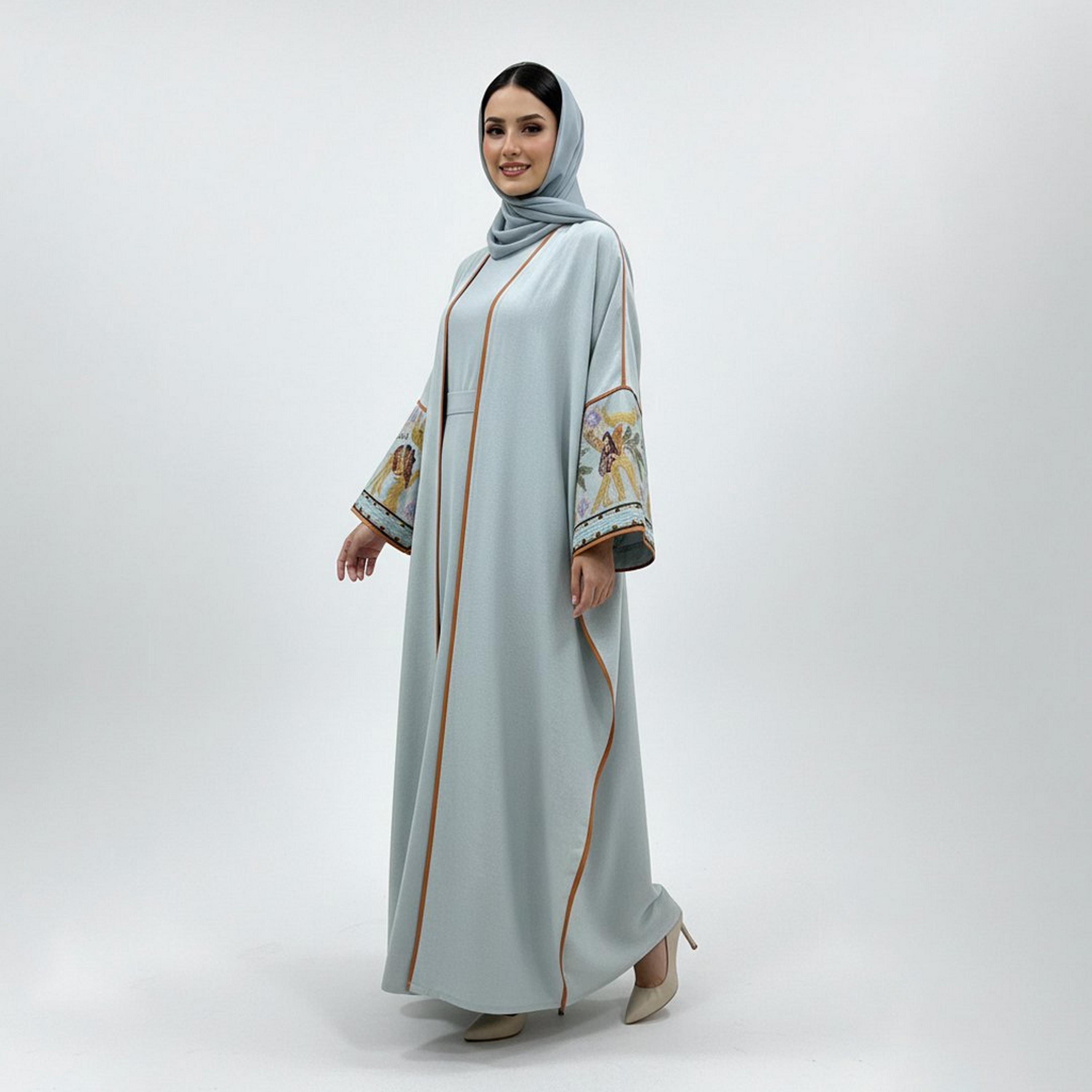 Beyond Abaya Light Blue Wide Sleeves Linen Women's Quarter Bisht Abaya-women-arabicclothing-abayas-image-5